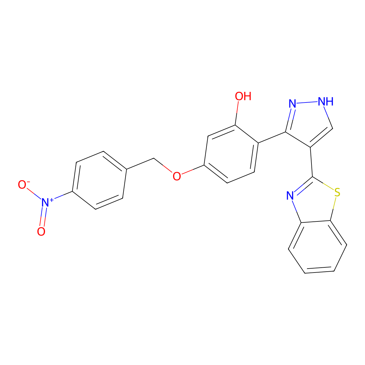 2-(4-(benzo[d]thiazol-2-yl)-1H-pyrazol-3-yl)-5-((4-nitrobenzyl)oxy)phenol molecular structure, CAS 302575-57-1