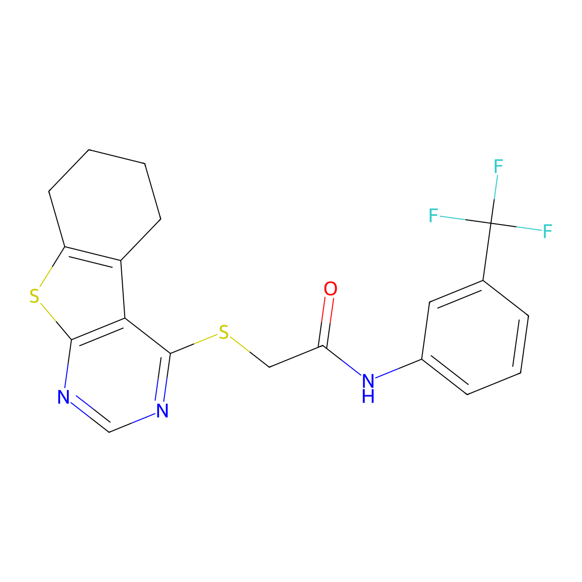 2-(5,6,7,8-tetrahydro-[1]benzothiolo[2,3-d]pyrimidin-4-ylsulfanyl)-N-[3-(trifluoromethyl)phenyl]acetamide molecular structure, CAS 302575-63-9