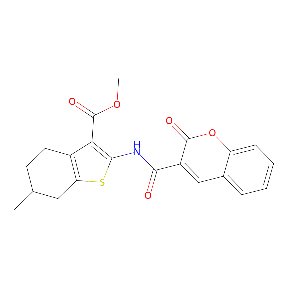 Methyl 6-methyl-2-[(2-oxochromene-3-carbonyl)amino]-4,5,6,7-tetrahydro-1-benzothiophene-3-carboxylate molecular structure, CAS 302576-87-0