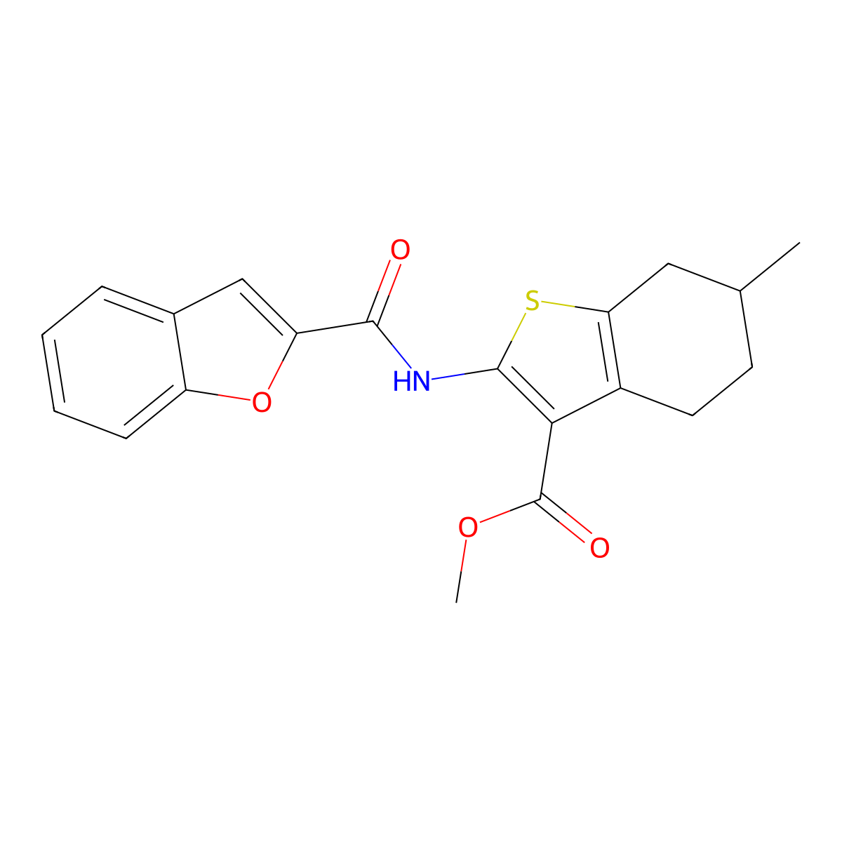 Methyl 2-[(1-benzofuran-2-ylcarbonyl)amino]-6-methyl-4,5,6,7-tetrahydro-1-benzothiophene-3-carboxylate molecular structure, CAS 302576-90-5