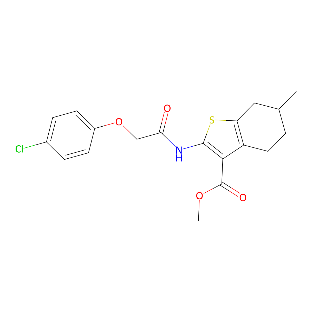 Methyl 2-{[(4-chlorophenoxy)acetyl]amino}-6-methyl-4,5,6,7-tetrahydro-1-benzothiophene-3-carboxylate molecular structure, CAS 302576-93-8