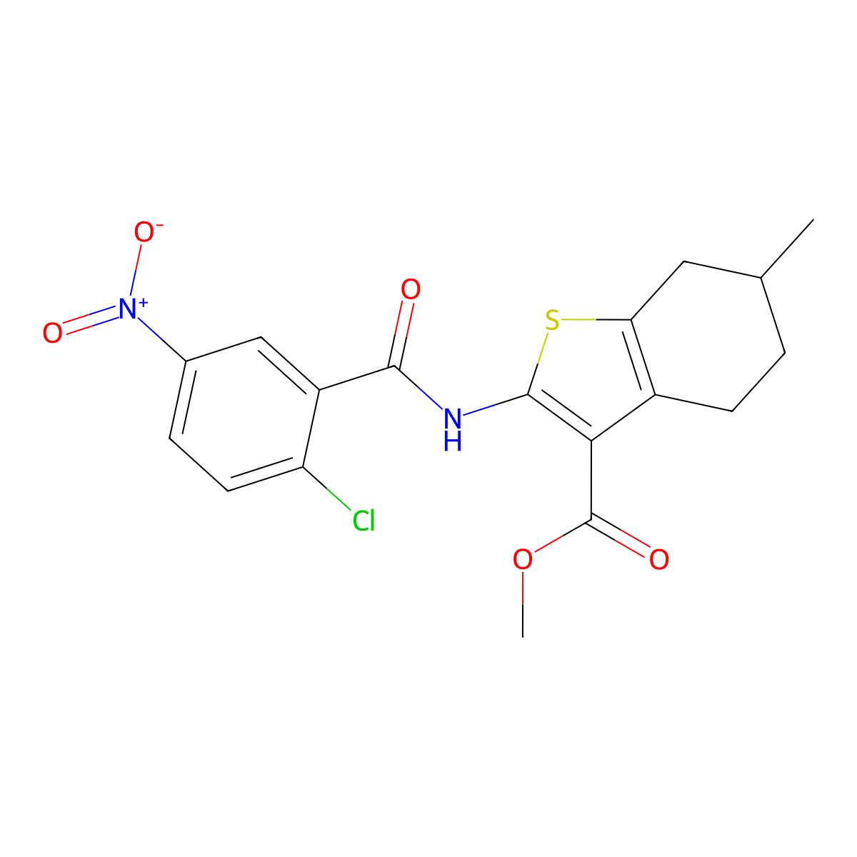 Methyl 2-[(2-chloro-5-nitrobenzoyl)amino]-6-methyl-4,5,6,7-tetrahydro-1-benzothiophene-3-carboxylate molecular structure, CAS 302577-34-0