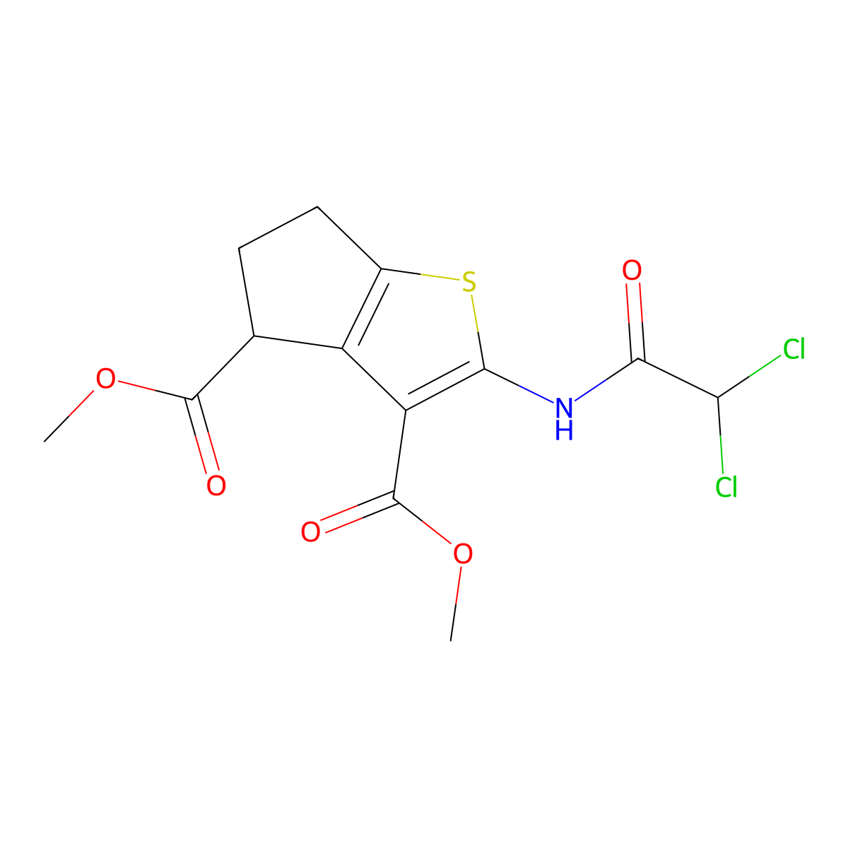 dimethyl 2-[(dichloroacetyl)amino]-5,6-dihydro-4H-cyclopenta[b]thiophene-3,4-dicarboxylate molecular structure, CAS 302577-36-2