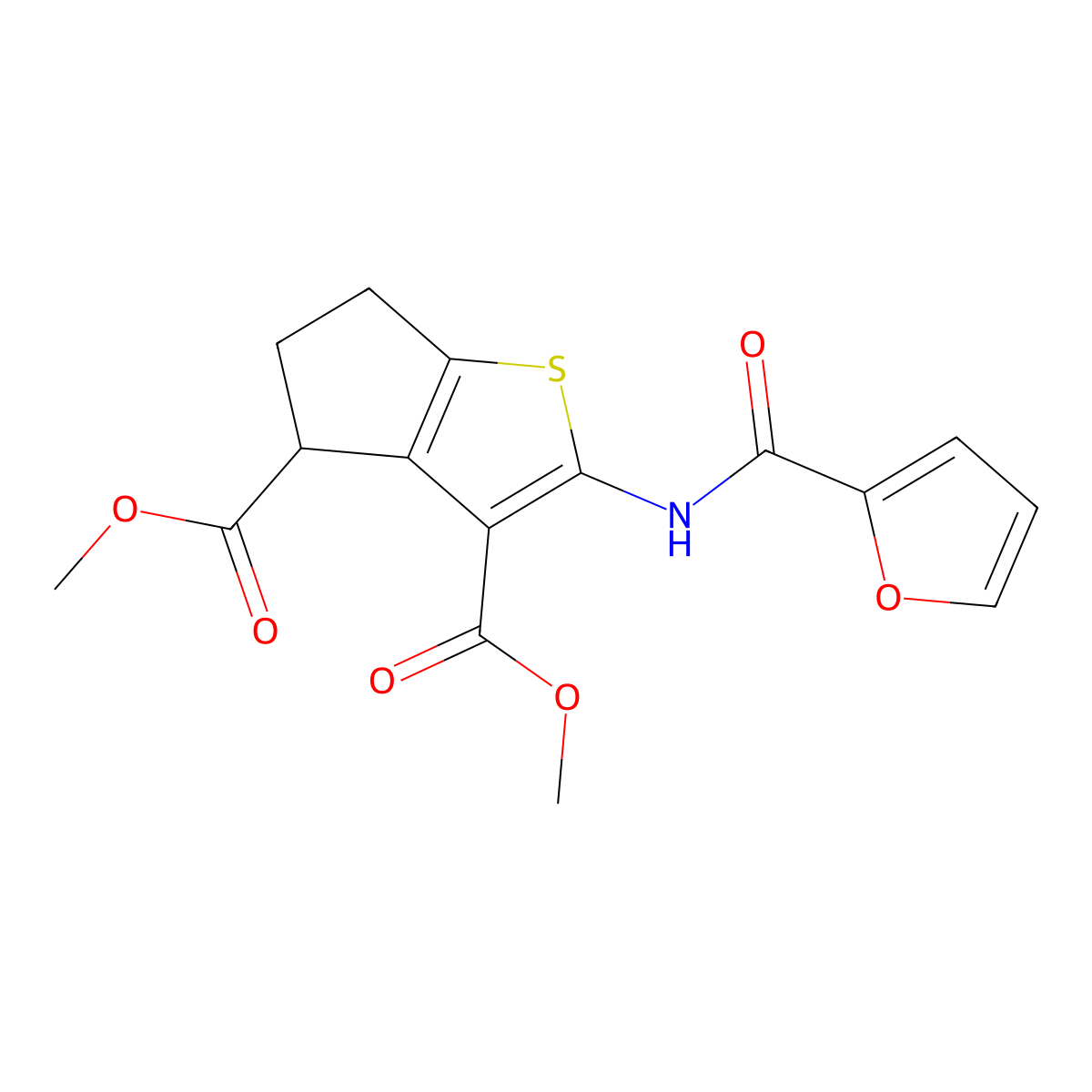 dimethyl 2-(furan-2-carbonylamino)-5,6-dihydro-4H-cyclopenta[b]thiophene-3,4-dicarboxylate molecular structure, CAS 302577-38-4