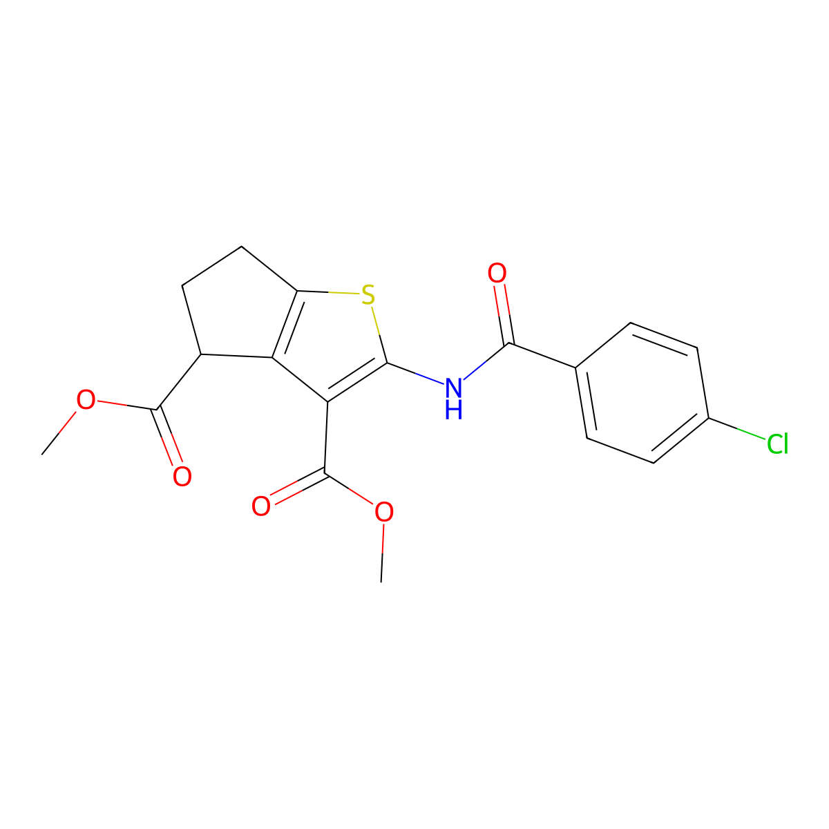 dimethyl 2-[(4-chlorobenzoyl)amino]-5,6-dihydro-4H-cyclopenta[b]thiophene-3,4-dicarboxylate molecular structure, CAS 302577-40-8
