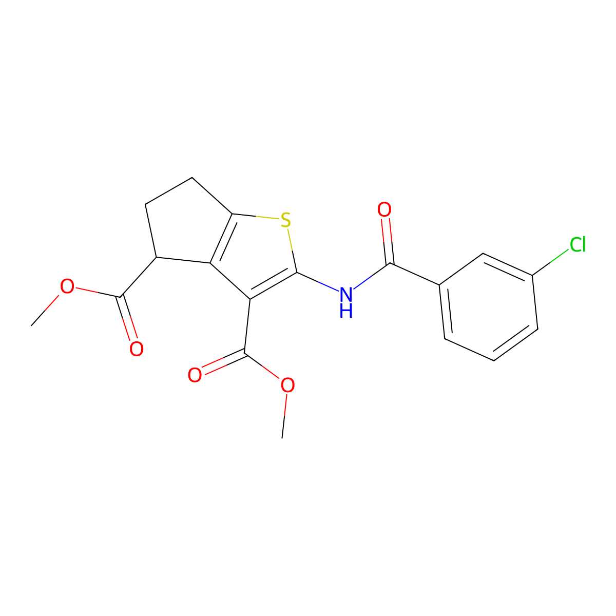 dimethyl 2-[(3-chlorobenzoyl)amino]-5,6-dihydro-4H-cyclopenta[b]thiophene-3,4-dicarboxylate molecular structure, CAS 302577-41-9