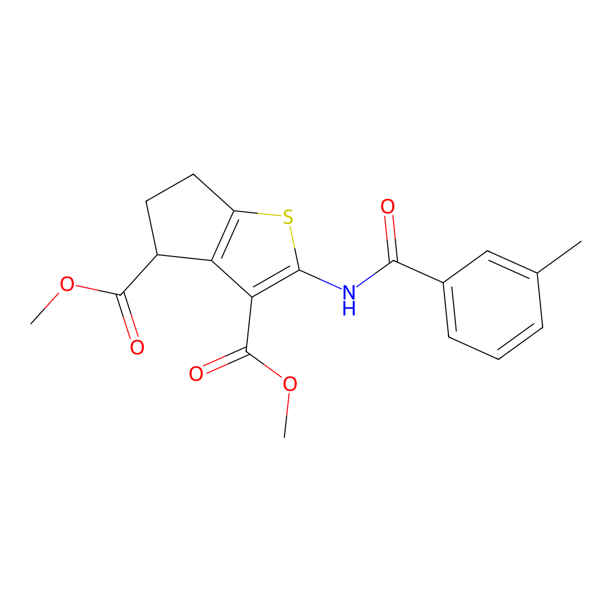 dimethyl 2-[(3-methylbenzoyl)amino]-5,6-dihydro-4H-cyclopenta[b]thiophene-3,4-dicarboxylate molecular structure, CAS 302577-49-7