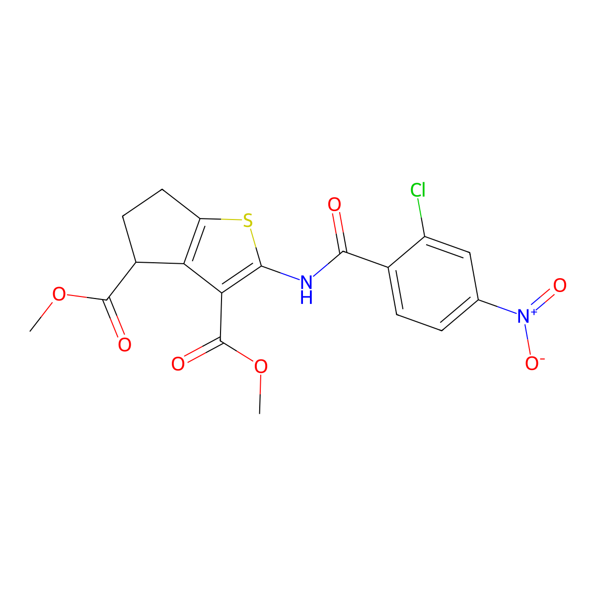 dimethyl 2-[(2-chloro-4-nitrobenzoyl)amino]-5,6-dihydro-4H-cyclopenta[b]thiophene-3,4-dicarboxylate molecular structure, CAS 302577-50-0