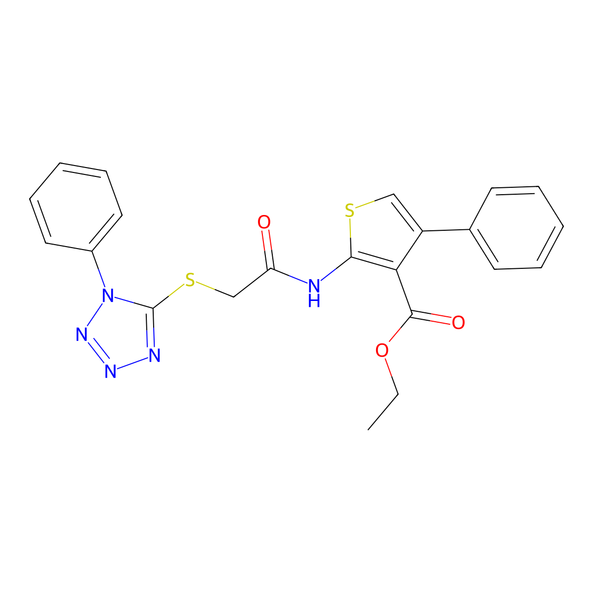 ethyl 4-phenyl-2-{2-[(1-phenyl-1H-1,2,3,4-tetrazol-5-yl)sulfanyl]acetamido}thiophene-3-carboxylate molecular structure, CAS 302581-54-0