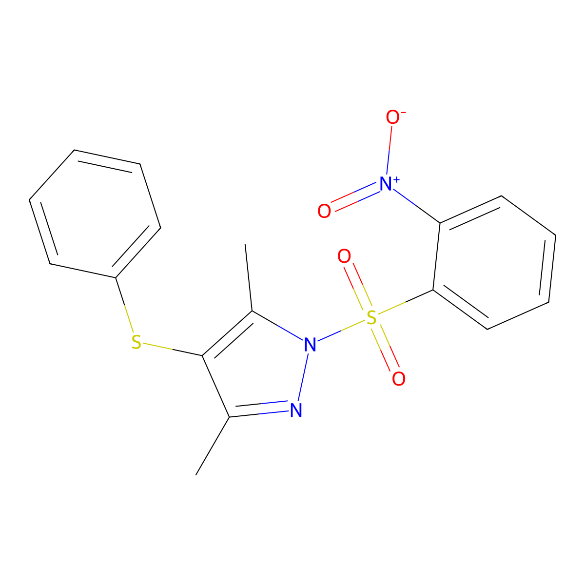 3,5-Dimethyl-1-(2-nitro-benzenesulfonyl)-4-phenylsulfanyl-1H-pyrazole molecular structure, CAS 302582-55-4