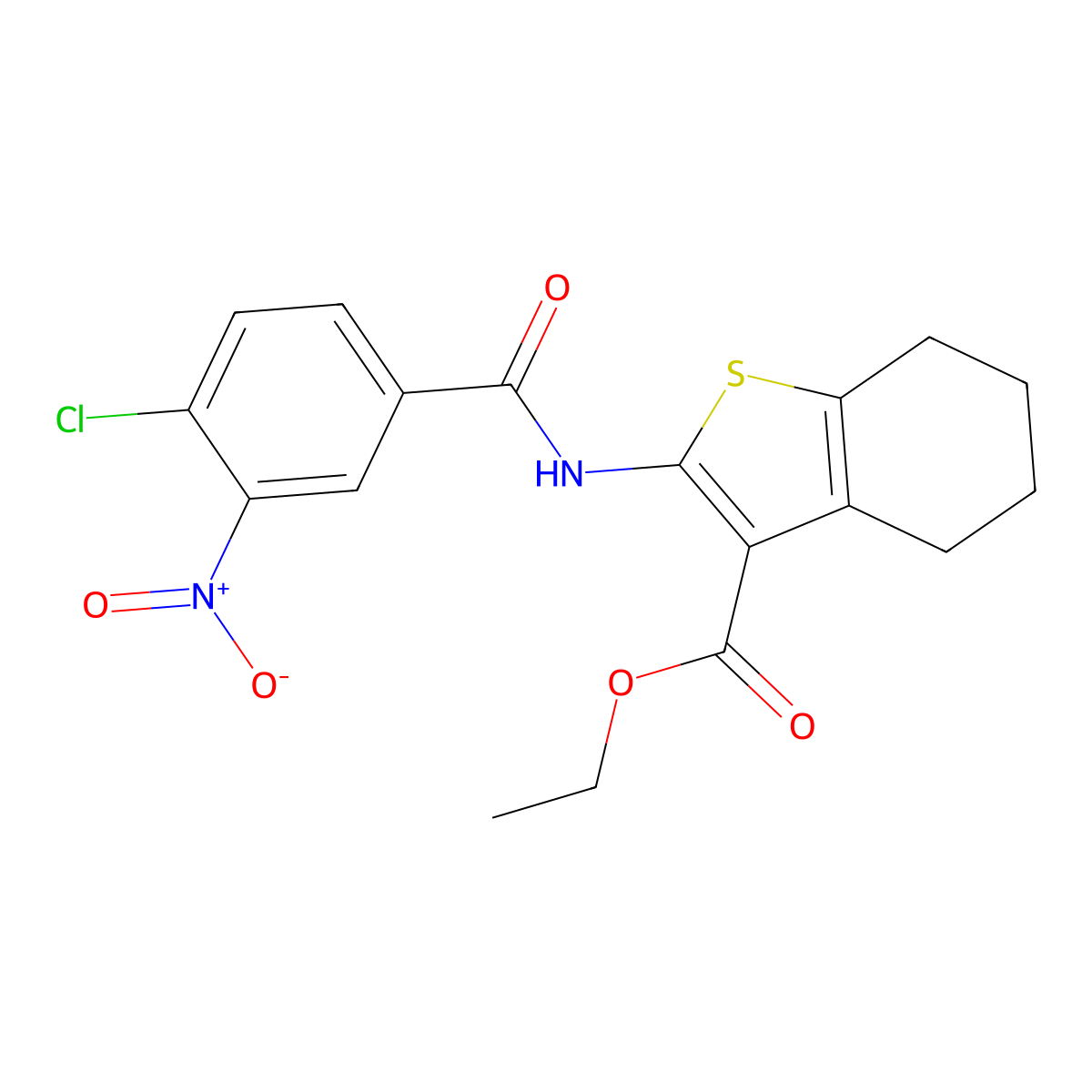 Ethyl 2-[(4-chloro-3-nitrobenzoyl)amino]-4,5,6,7-tetrahydro-1-benzothiophene-3-carboxylate molecular structure, CAS 302582-85-0