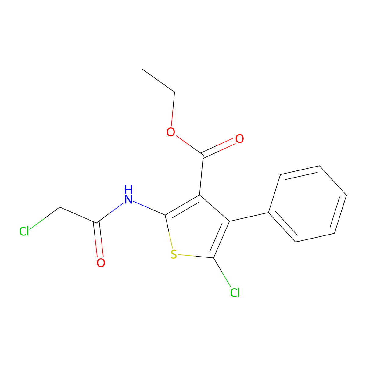 5-Chloro-2-(2-chloro-acetylamino)-4-phenyl-thiophene-3-carboxylic acid ethyl ester molecular structure, CAS 302582-89-4