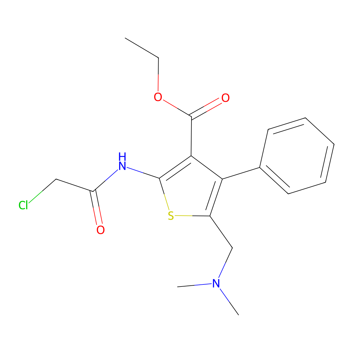 Ethyl 2-(2-chloroacetamido)-5-[(dimethylamino)methyl]-4-phenylthiophene-3-carboxylate molecular structure, CAS 302582-95-2