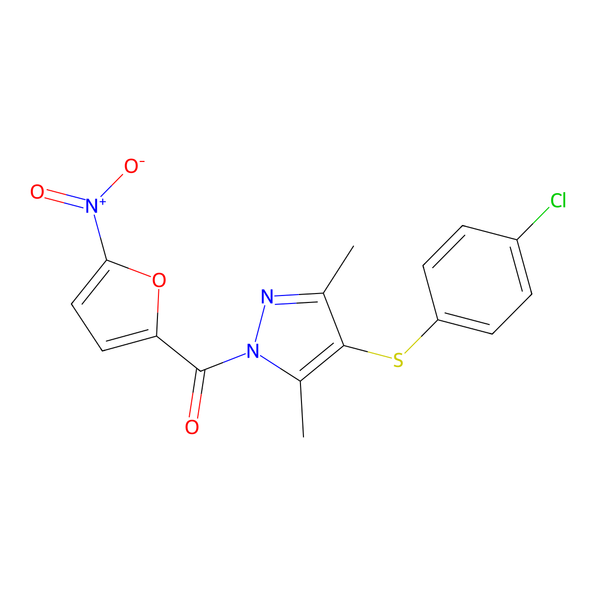 (4-((4-chlorophenyl)thio)-3,5-dimethyl-1H-pyrazol-1-yl)(5-nitrofuran-2-yl)methanone molecular structure, CAS 302583-90-0