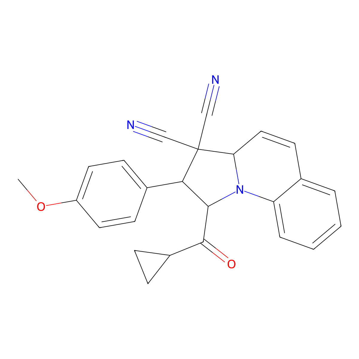 1-(cyclopropanecarbonyl)-2-(4-methoxyphenyl)-2,3a-dihydro-1H-pyrrolo[1,2-a]quinoline-3,3-dicarbonitrile molecular structure, CAS 302589-39-5