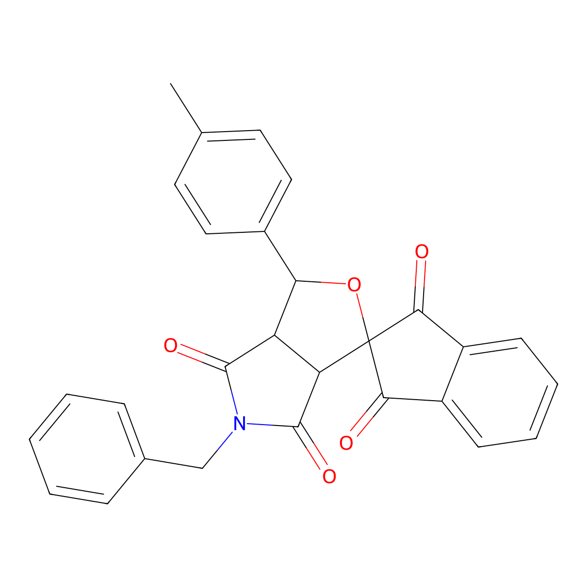 5-benzyl-1-(4-methylphenyl)spiro[3a,6a-dihydro-1H-furo[3,4-c]pyrrole-3,2'-indene]-1',3',4,6-tetrone molecular structure, CAS 302589-44-2
