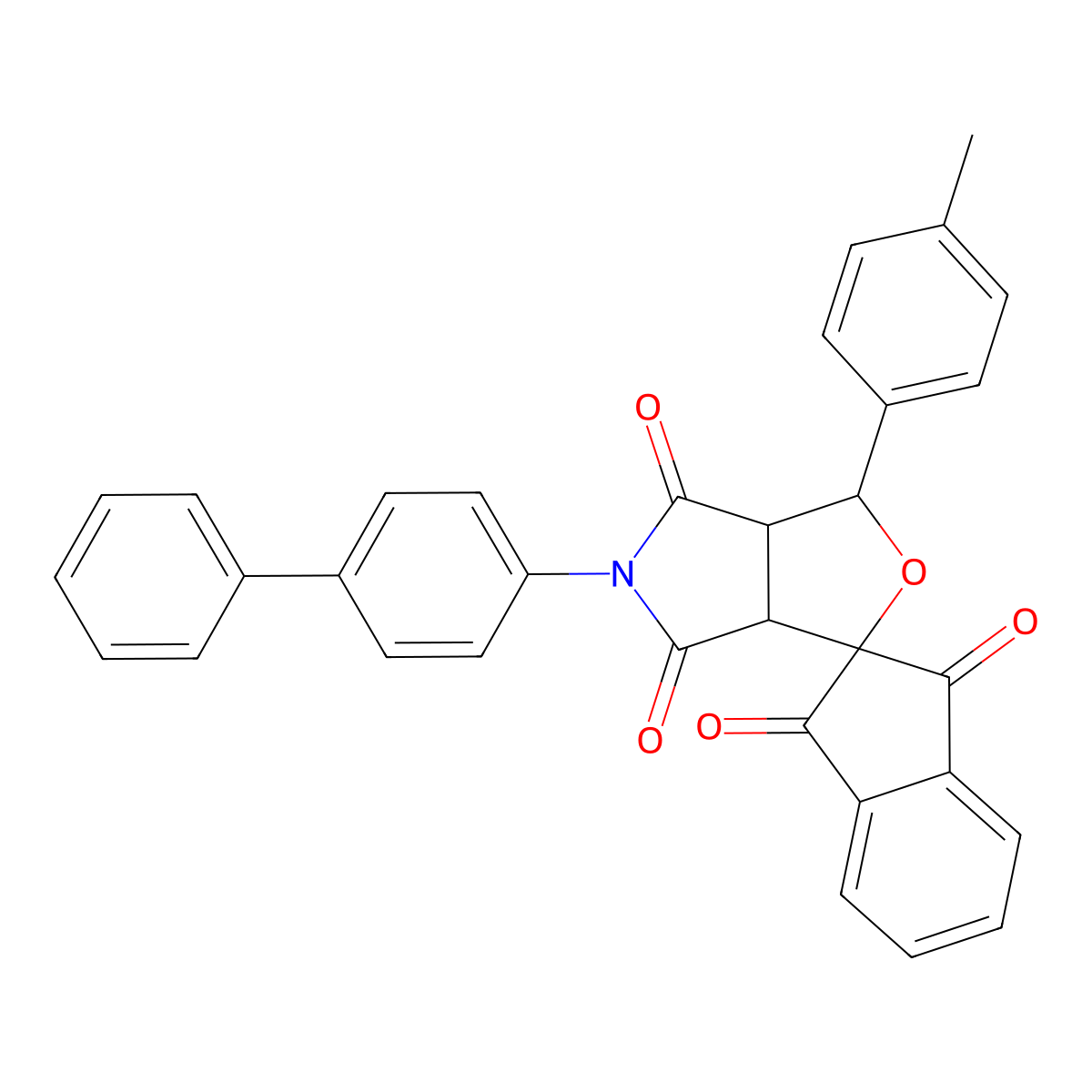 5-(biphenyl-4-yl)-3-(4-methylphenyl)-3a,6a-dihydrospiro[furo[3,4-c]pyrrole-1,2'-indene]-1',3',4,6(3H,5H)-tetrone molecular structure, CAS 302589-57-7