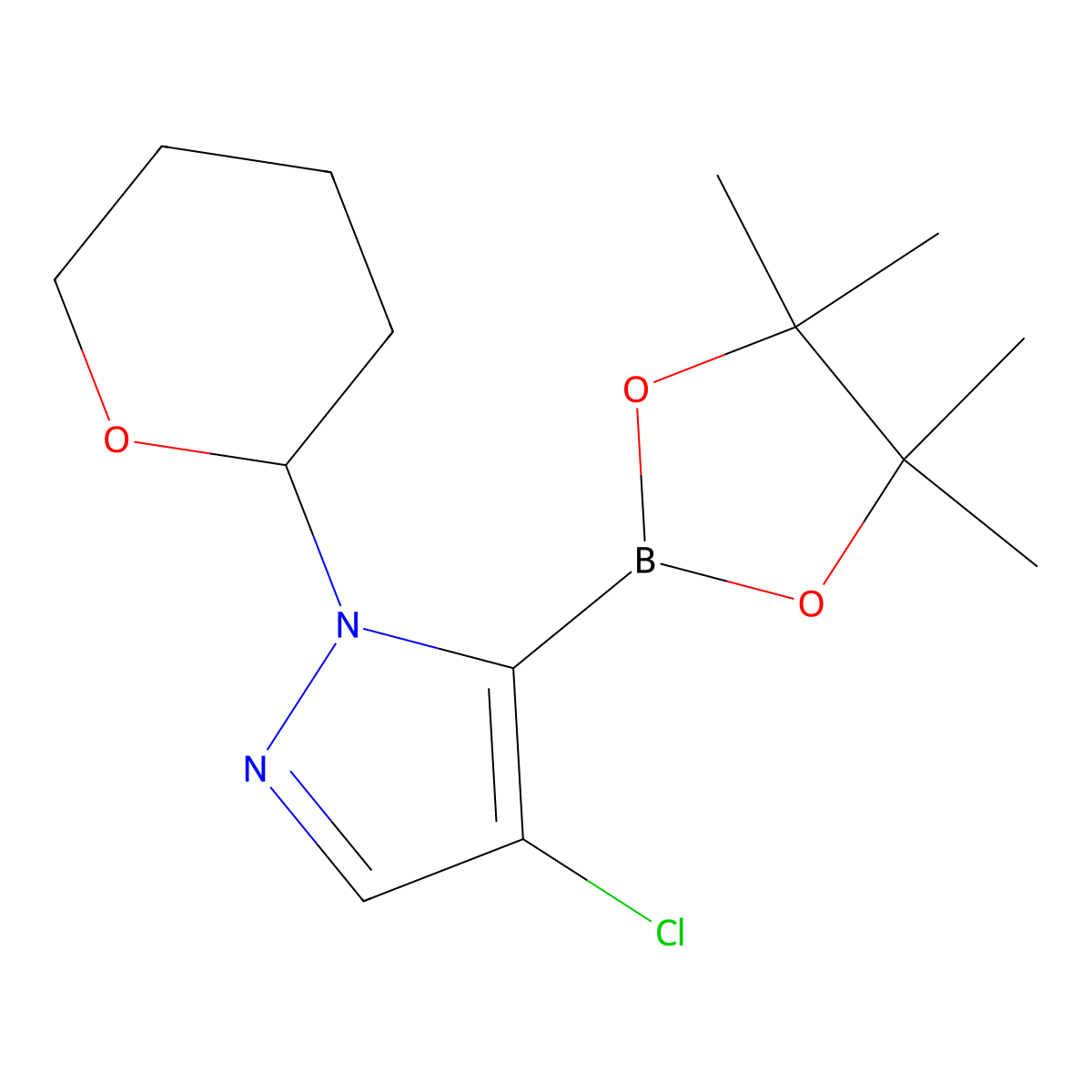 4-Chloro-1-(tetrahydro-2H-pyran-2-YL)-5-(4,4,5,5-tetramethyl-1,3,2-dioxaborolan-2-YL)-1H-pyrazole molecular structure, CAS 3026215-01-7
