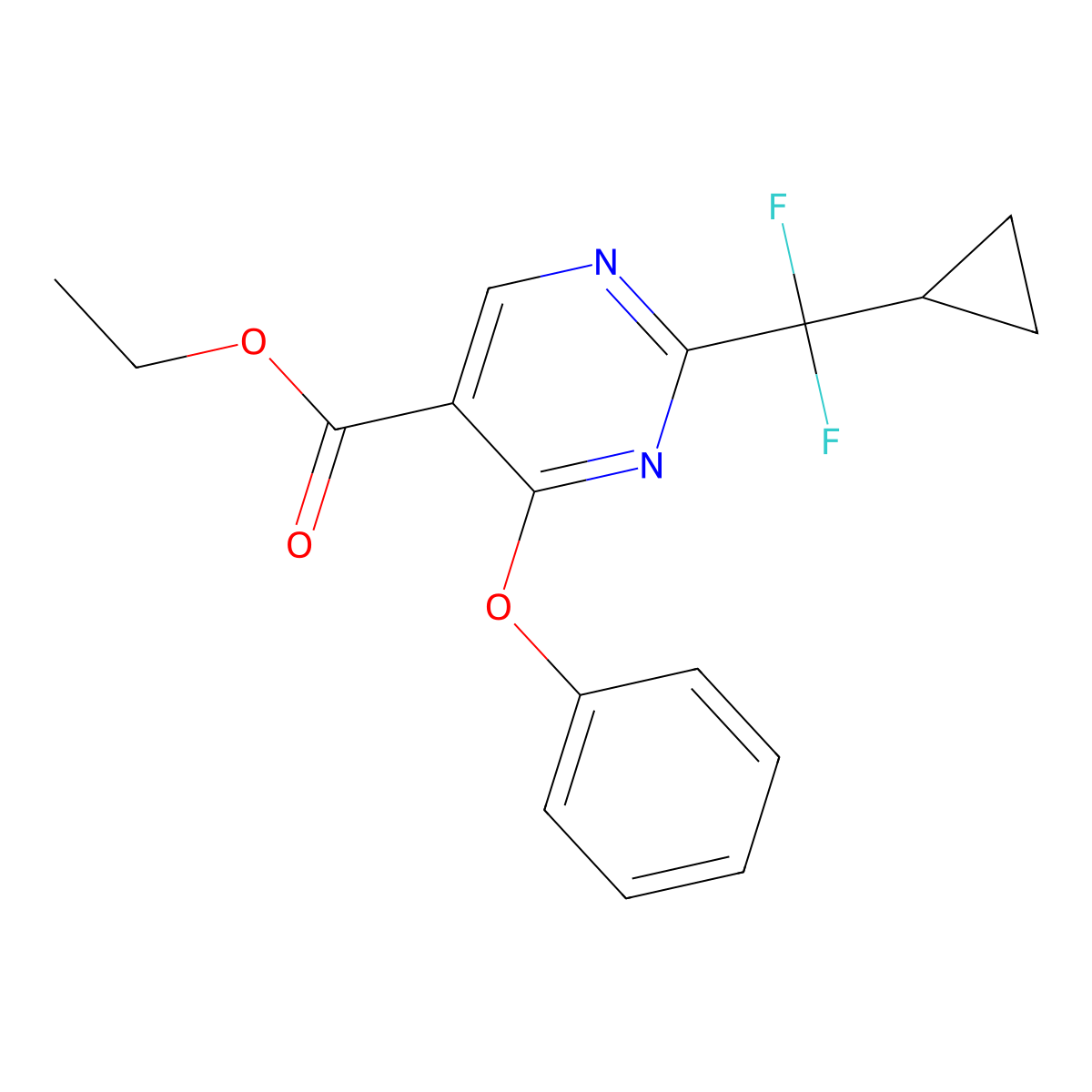 5-Pyrimidinecarboxylic acid, 2-(cyclopropyldifluoromethyl)-4-phenoxy-, ethyl ester molecular structure, CAS 3026505-95-0