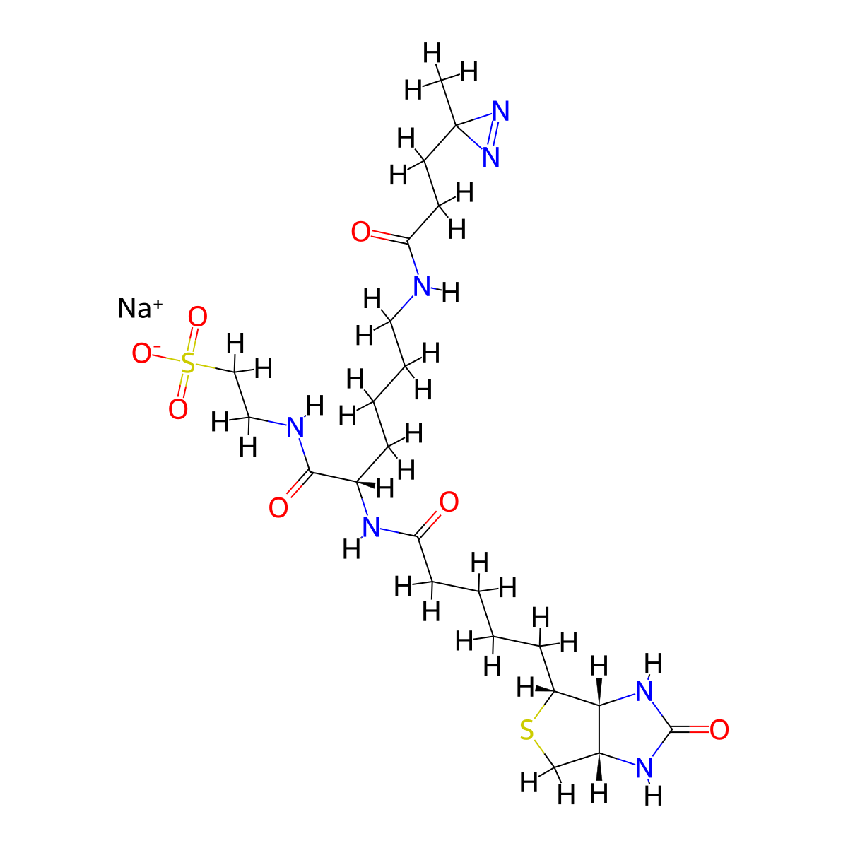 sodium 2-((S)-6-(3-(3-methyl-3H-diazirin-3-yl)propanamido)-2-(5-((3aR,4R,6aS)-2-oxohexahydro-1H-thieno[3,4-d]imidazol-4-yl)pentanamido)hexanamido)ethane-1-sulfonate molecular structure, CAS 3026595-79-6