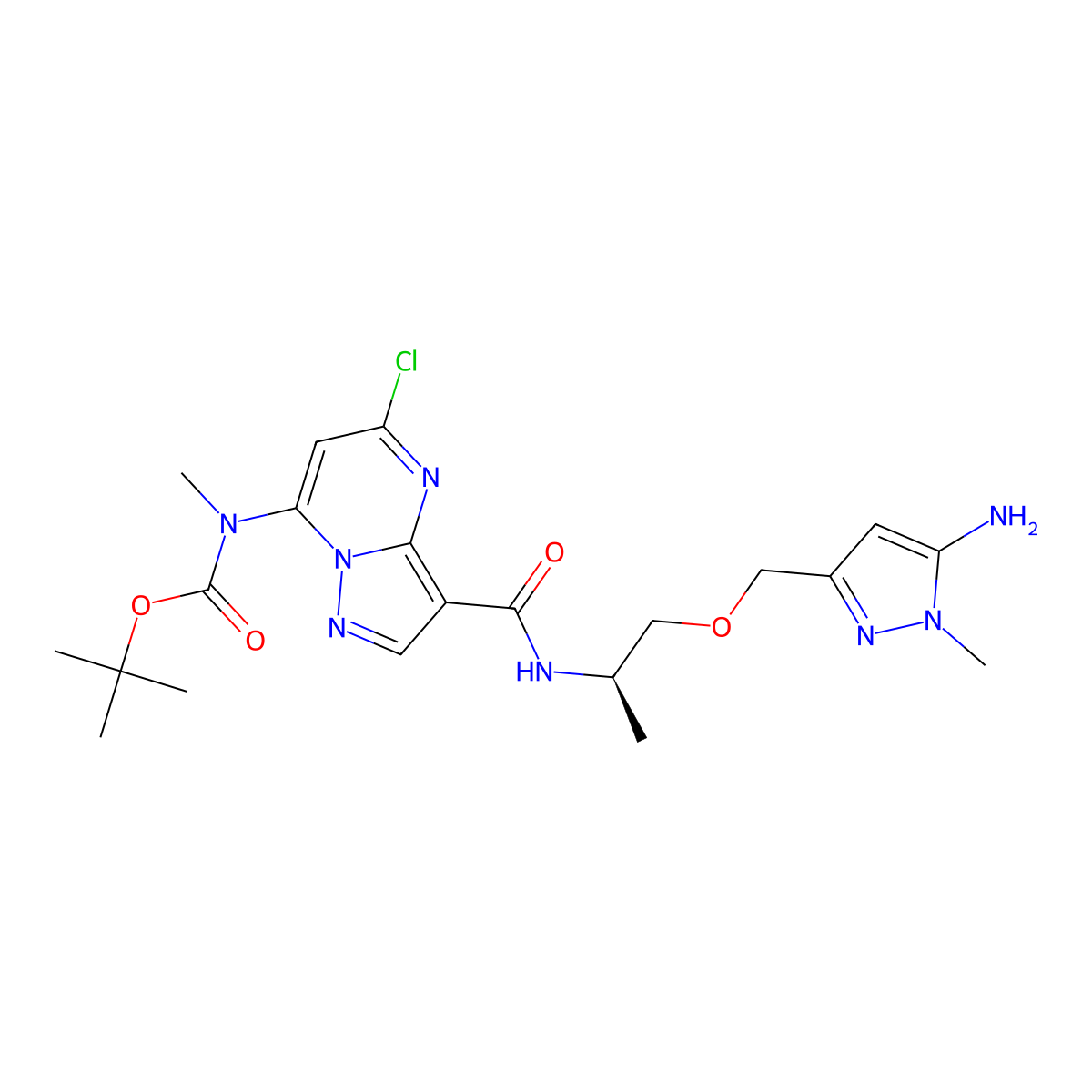 tert-butyl (R)-(3-((1-((5-amino-1-methyl-1H-pyrazol-3-yl)methoxy)propan-2-yl)carbamoyl)-5-chloropyrazolo[1,5-a]pyrimidin-7-yl)(methyl)carbamate molecular structure, CAS 3026596-66-4