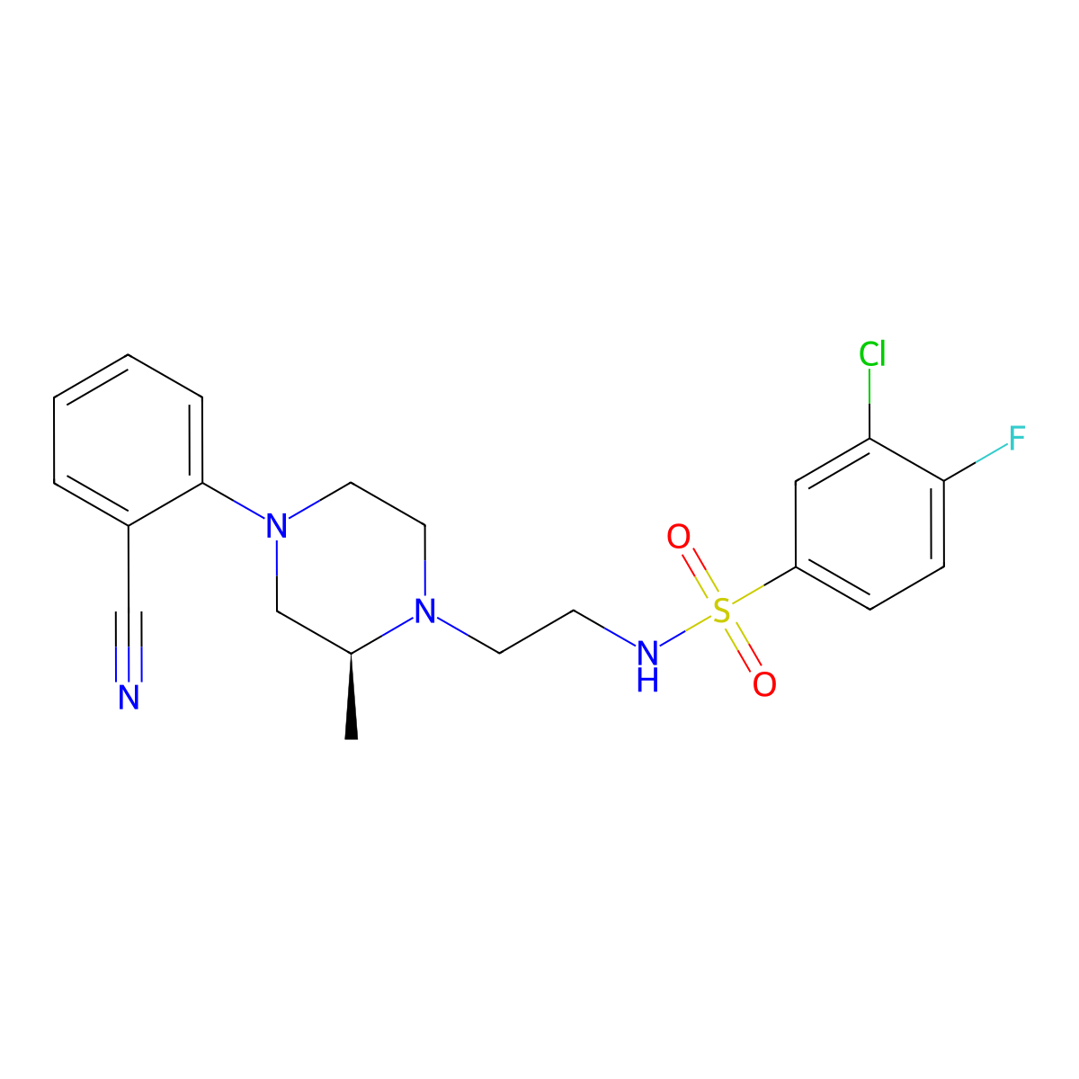 3-chloro-N-[2-[(2S)-4-(2-cyanophenyl)-2-methylpiperazin-1-yl]ethyl]-4-fluorobenzenesulfonamide molecular structure, CAS 3026597-12-3