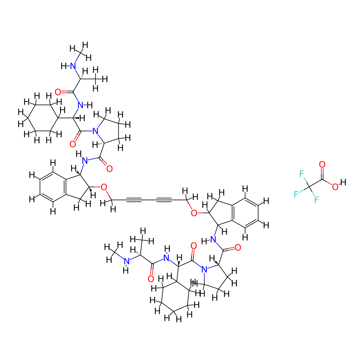 (2S,2'S)-N,N'-((1S,1'S,2R,2'R)-(Hexa-2,4-diyne-1,6-diylbis(oxy))bis(2,3-dihydro-1H-indene-2,1-diyl))bis(1-((S)-2-cyclohexyl-2-((S)-2-(methylamino)propanamido)acetyl)pyrrolidine-2-carboxamide) 2,2,2-trifluoroacetate molecular structure, CAS 3026599-04-9