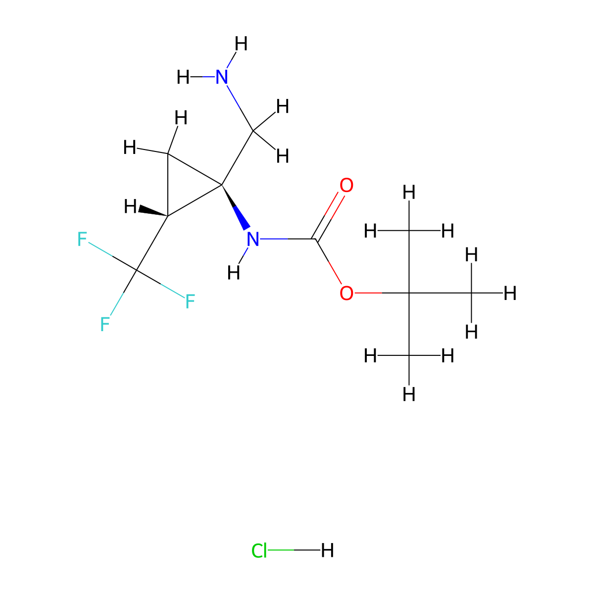 rac-tert-butyl N-[(1R,2R)-1-(aminomethyl)-2-(trifluoromethyl)cyclopropyl]carbamate hydrochloride molecular structure, CAS 3026599-23-2
