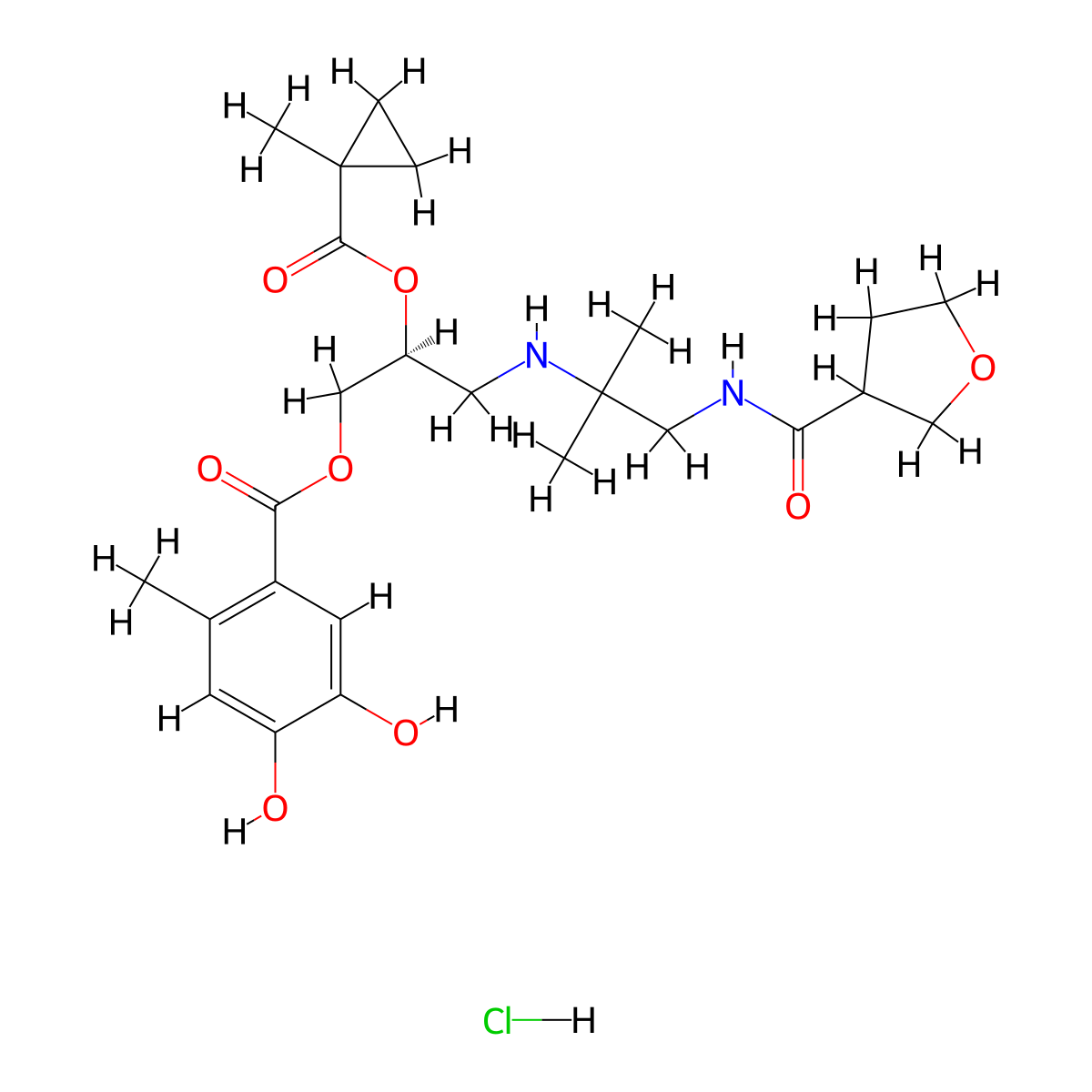 [(2S)-2-(1-methylcyclopropanecarbonyl)oxy-3-[[2-methyl-1-(oxolane-3-carbonylamino)propan-2-yl]amino]propyl] 4,5-dihydroxy-2-methylbenzoate;hydrochloride molecular structure, CAS 3026641-73-3