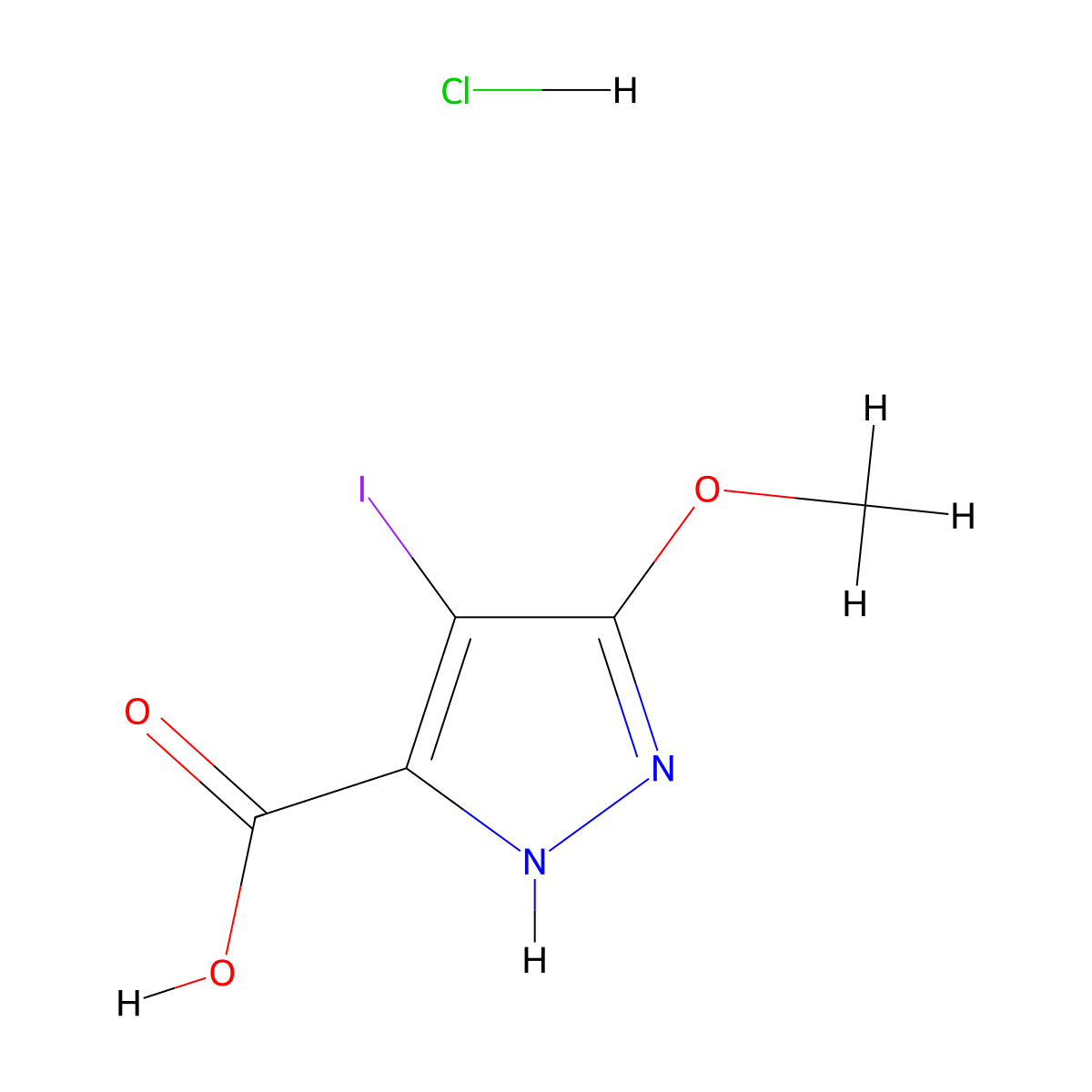 4-iodo-5-methoxy-1H-pyrazole-3-carboxylic acid hydrochloride molecular structure, CAS 3026676-53-6