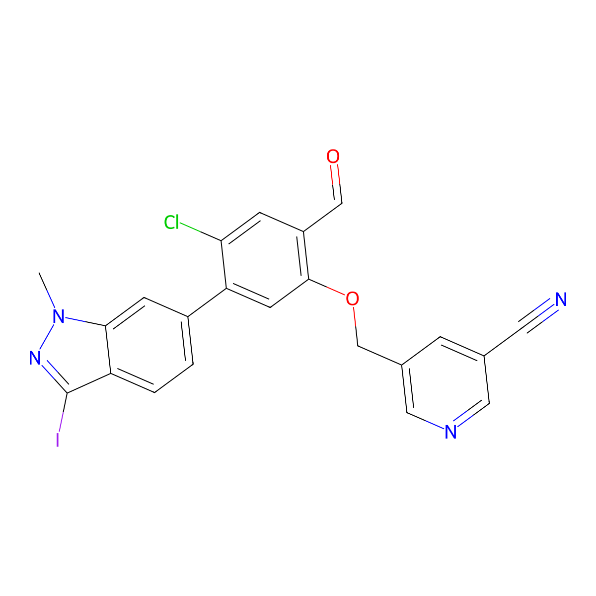 5-((4-chloro-2-formyl-5-(3-iodo-1-methyl-1H-indazol-6-yl)phenoxy)methyl)nicotinonitrile molecular structure, CAS 3026676-82-1
