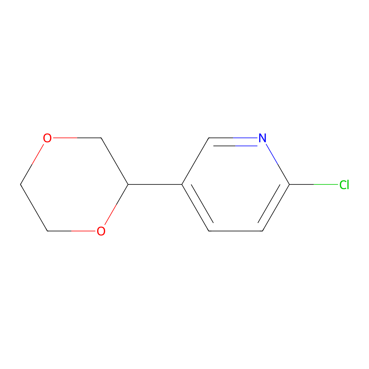 2-Chloro-5-(1,4-dioxan-2-yl)pyridine molecular structure, CAS 3026696-22-7