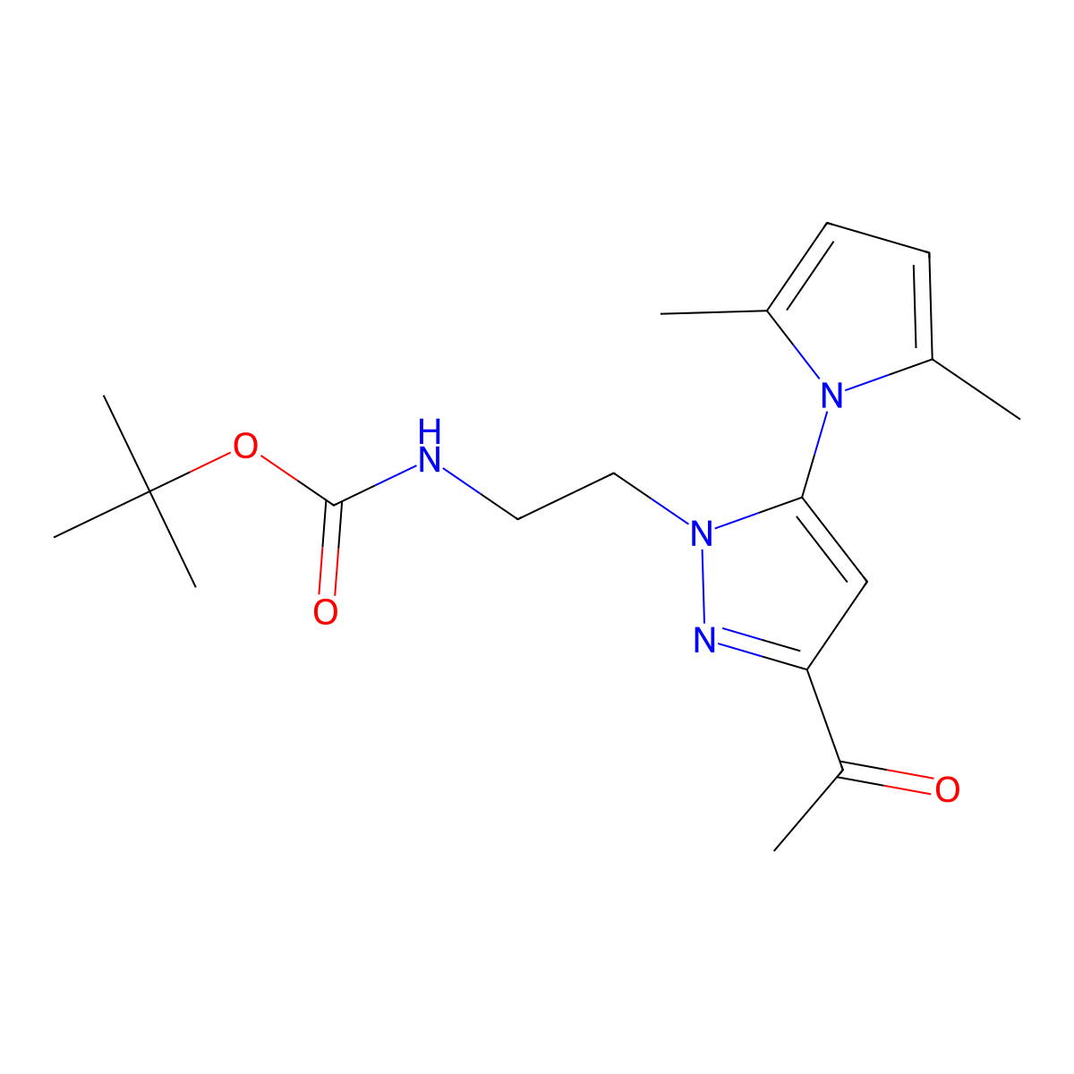 Tert-butyl (2-(3-acetyl-5-(2,5-dimethyl-1H-pyrrol-1-YL)-1H-pyrazol-1-YL)ethyl)carbamate molecular structure, CAS 3026696-68-1