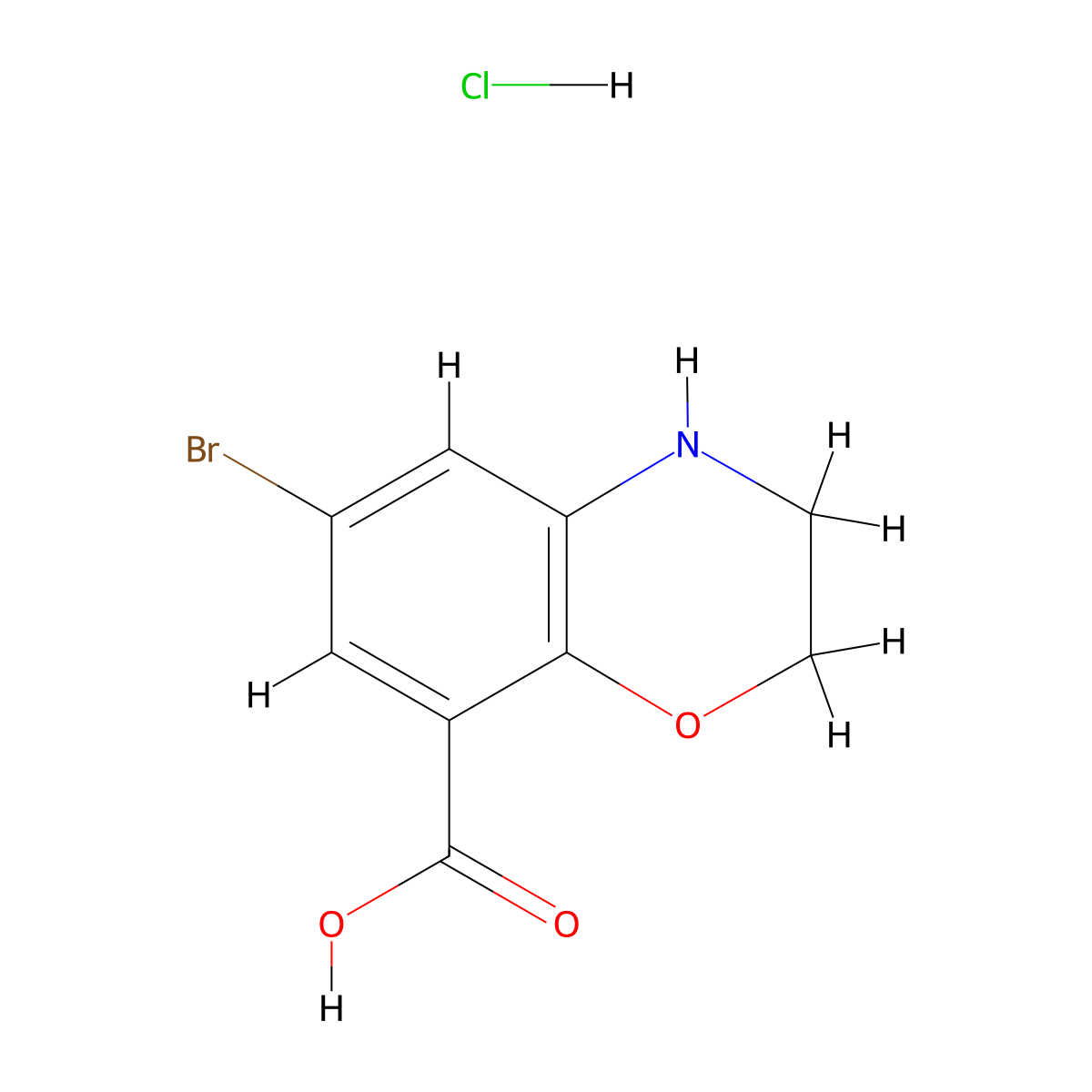 6-bromo-3,4-dihydro-2H-1,4-benzoxazine-8-carboxylic acid hydrochloride molecular structure, CAS 3026697-26-4