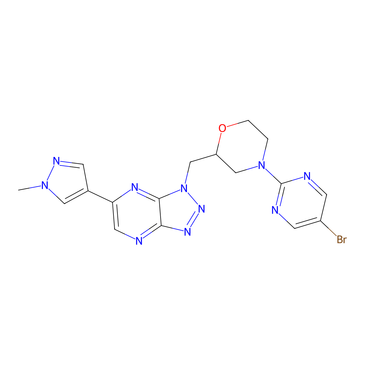 4-(5-Bromopyrimidin-2-YL)-2-((6-(1-methyl-1H-pyrazol-4-YL)-1H-[1,2,3]triazolo[4,5-B]pyrazin-1-YL)methyl)morpholine molecular structure, CAS 3026712-25-1