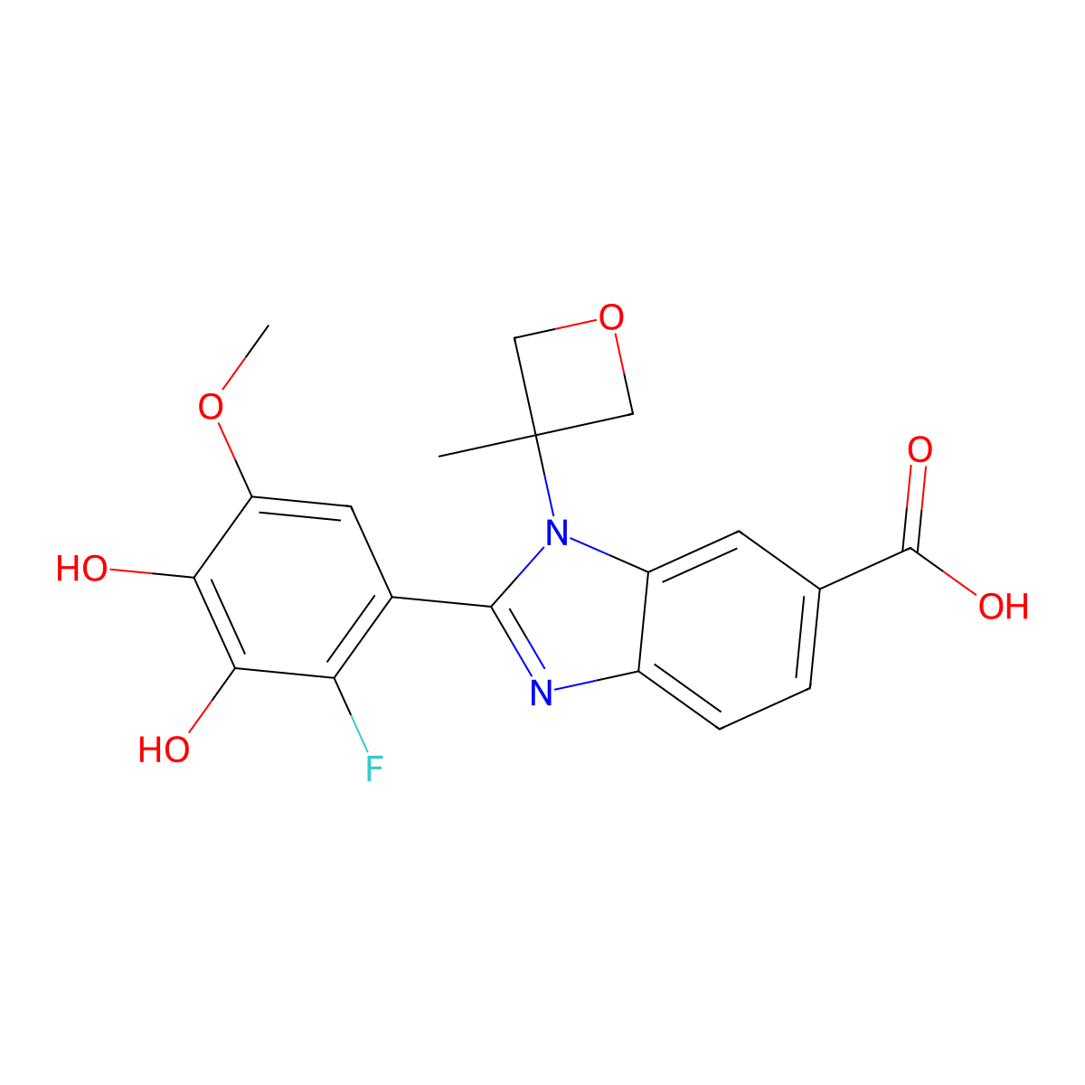 2-(2-fluoro-3,4-dihydroxy-5-methoxyphenyl)-1-(3-methyloxetan-3-yl)-1H-1,3-benzodiazole-6-carboxylic acid molecular structure, CAS 3026712-50-2