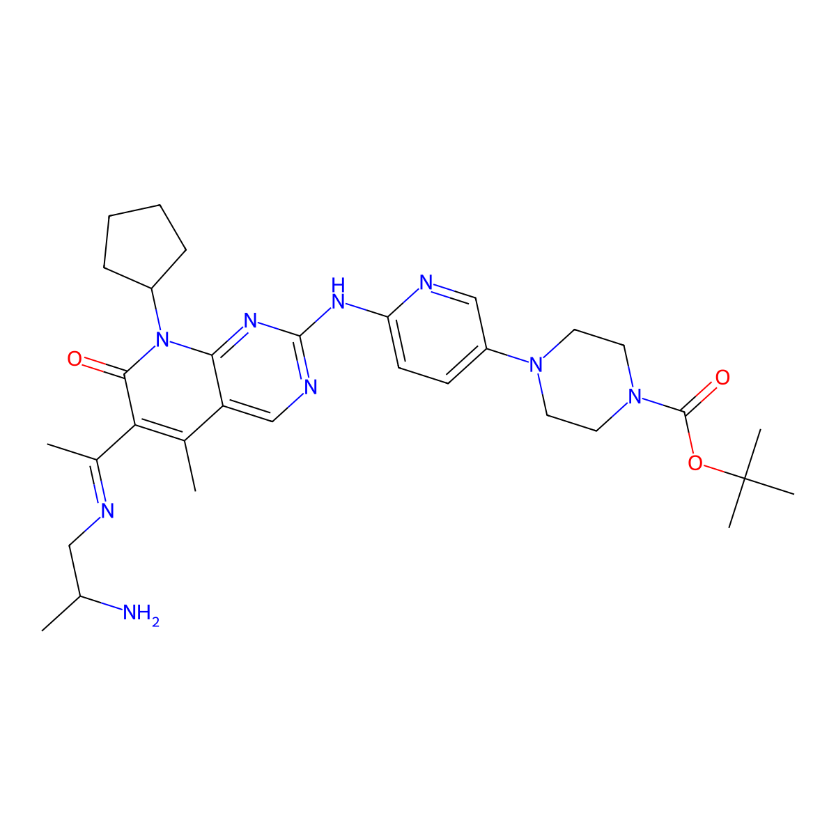 tert-butyl (E)-4-(6-((6-(1-((2-aminopropyl)imino)ethyl)-8-cyclopentyl-5-methyl-7-oxo-7,8-dihydropyrido[2,3-d]pyrimidin-2-yl)amino)pyridin-3-yl)piperazine-1-carboxylate molecular structure, CAS 3026713-59-4