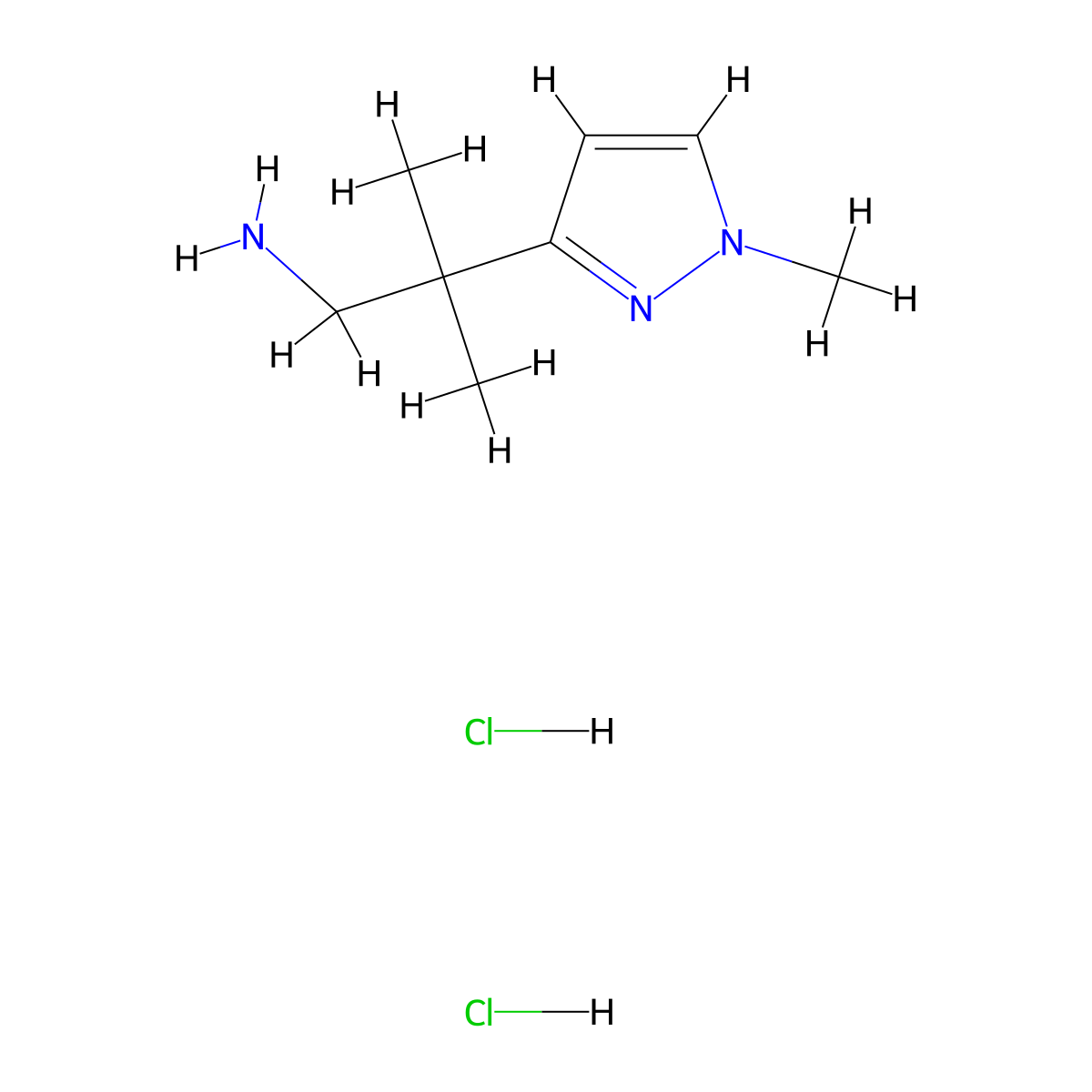 2-methyl-2-(1-methyl-1H-pyrazol-3-yl)propan-1-amine dihydrochloride molecular structure, CAS 3026715-33-0