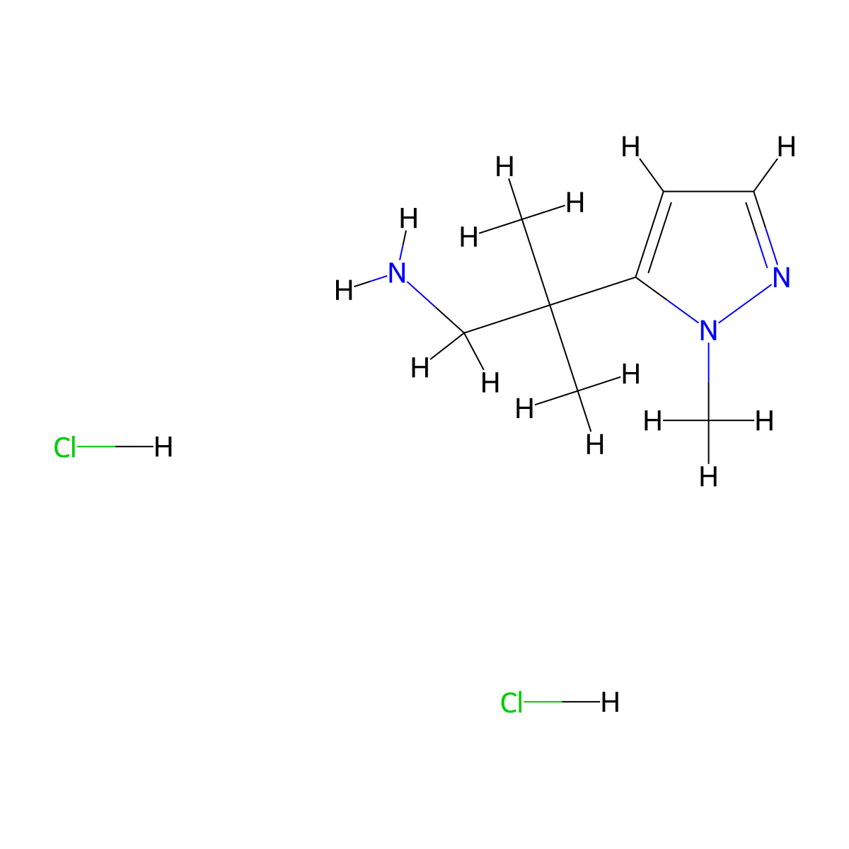 2-methyl-2-(1-methyl-1H-pyrazol-5-yl)propan-1-amine dihydrochloride molecular structure, CAS 3026715-35-2