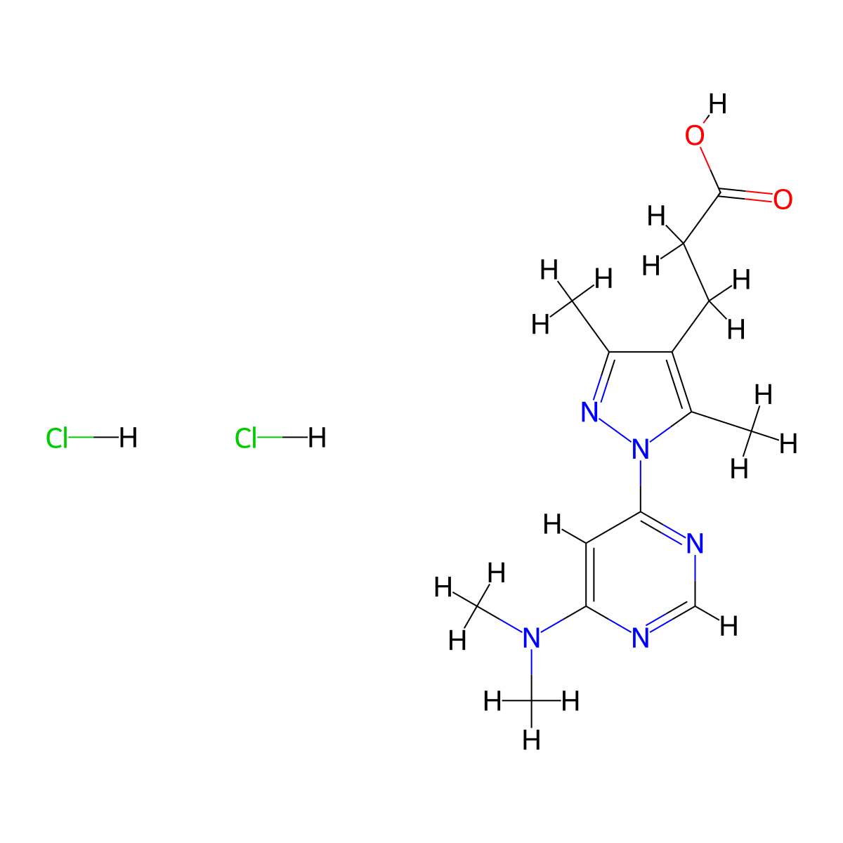 3-{1-[6-(dimethylamino)pyrimidin-4-yl]-3,5-dimethyl-1H-pyrazol-4-yl}propanoic acid dihydrochloride molecular structure, CAS 3026716-52-6