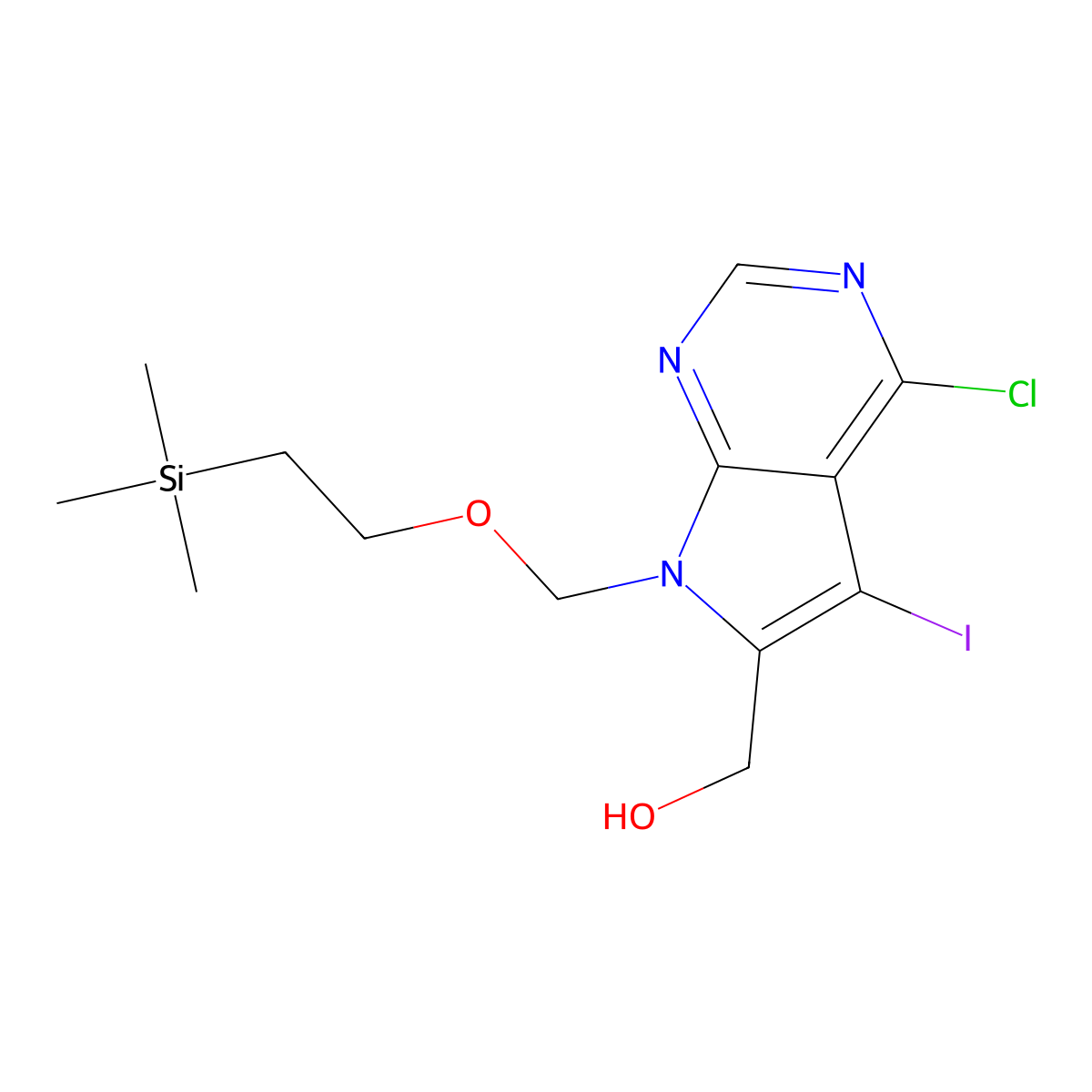 (4-chloro-5-iodo-7-((2-(trimethylsilyl)ethoxy)methyl)-7H-pyrrolo[2,3-d]pyrimidin-6-yl)methanol molecular structure, CAS 3026717-05-2