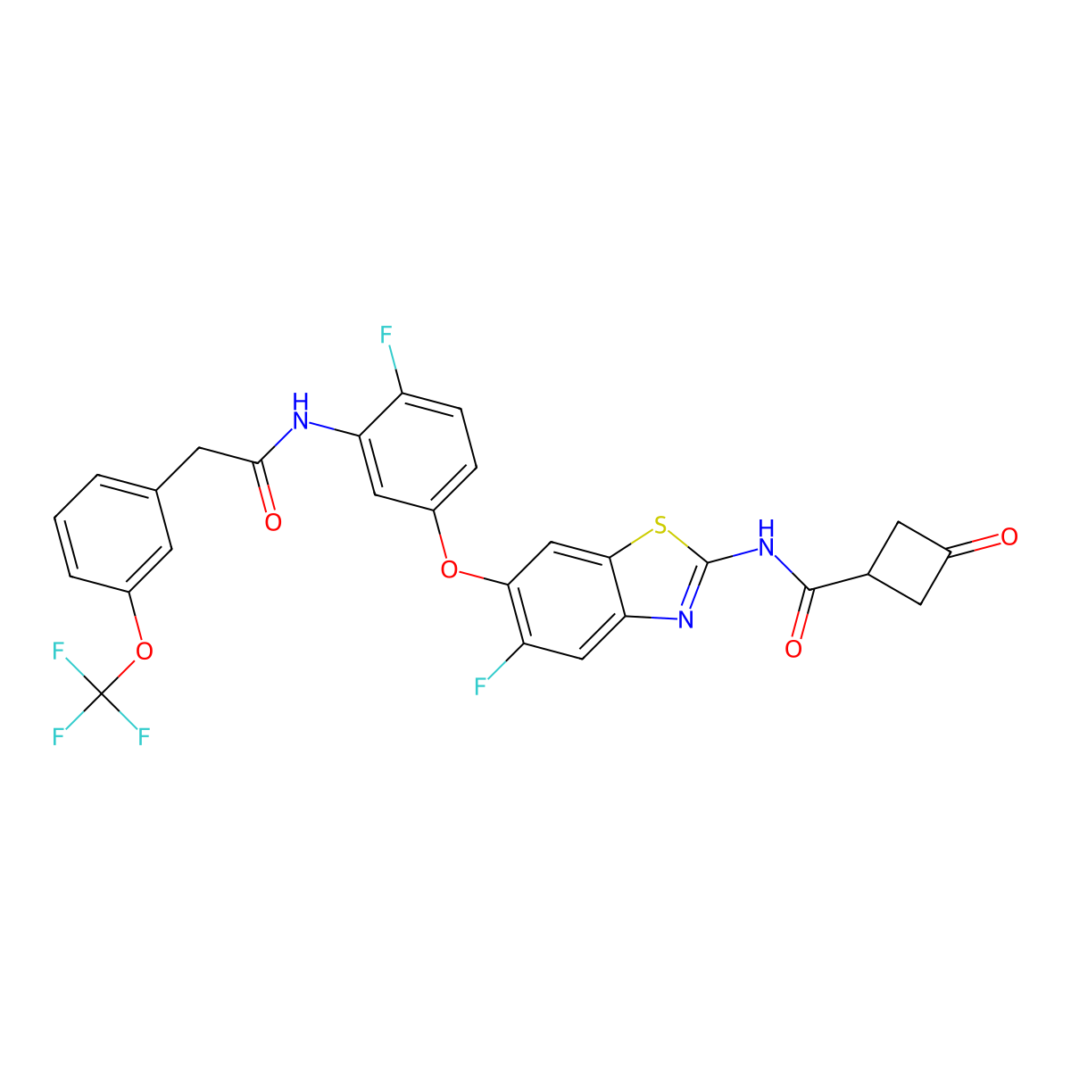N-[5-fluoro-6-[4-fluoro-3-[[2-[3-(trifluoromethoxy)phenyl]acetyl]amino]phenoxy]-1,3-benzothiazol-2-yl]-3-oxocyclobutane-1-carboxamide molecular structure, CAS 3027645-52-6