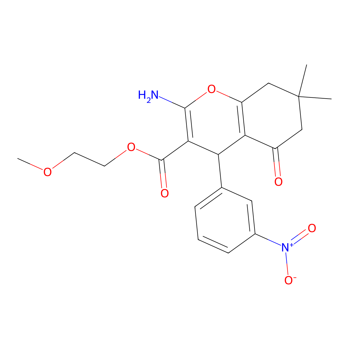 2-methoxyethyl 2-amino-7,7-dimethyl-4-(3-nitrophenyl)-5-oxo-5,6,7,8-tetrahydro-4H-chromene-3-carboxylate molecular structure, CAS 302778-08-1