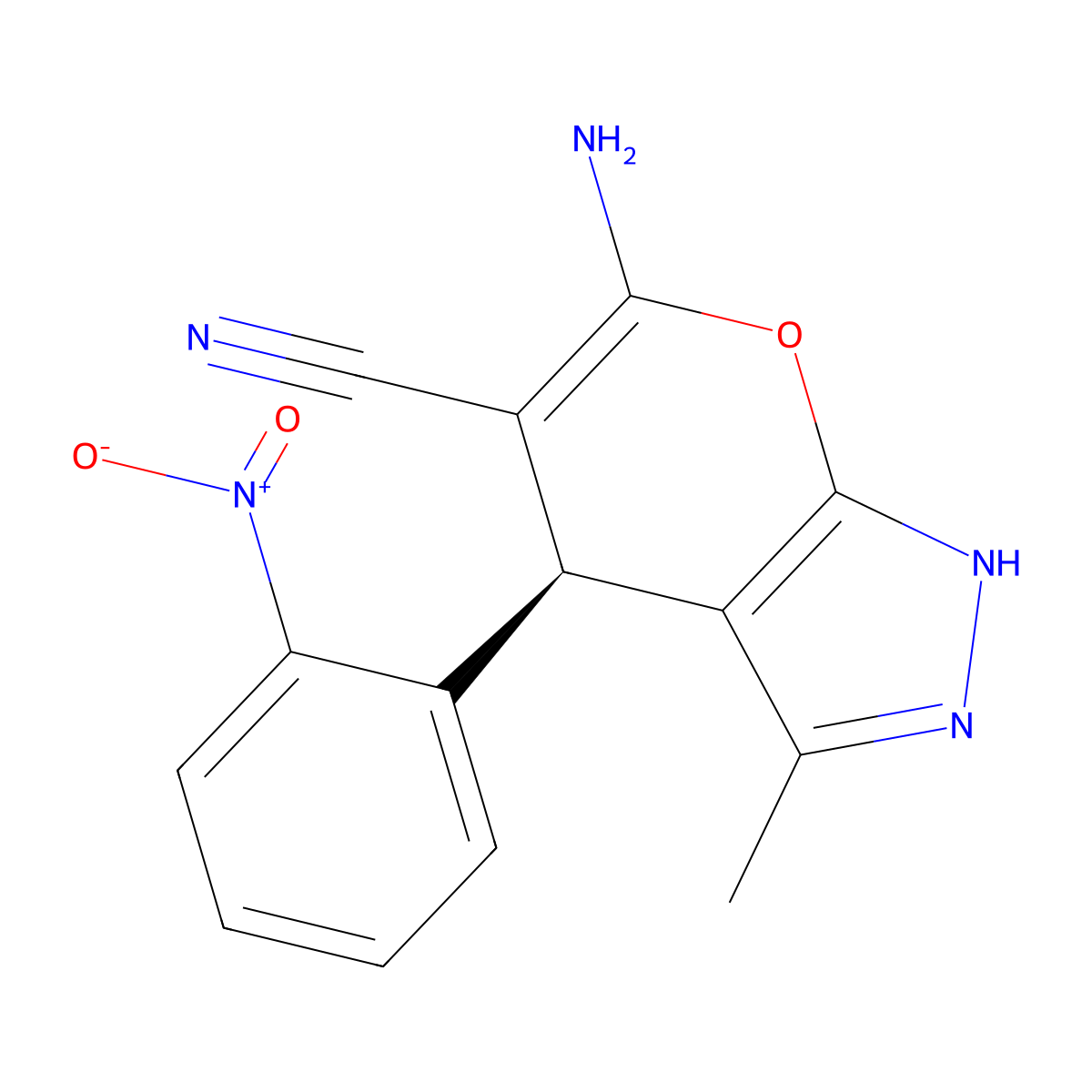 (4S)-6-amino-3-methyl-4-(2-nitrophenyl)-2,4-dihydropyrano[2,3-c]pyrazole-5-carbonitrile molecular structure, CAS 302778-35-4