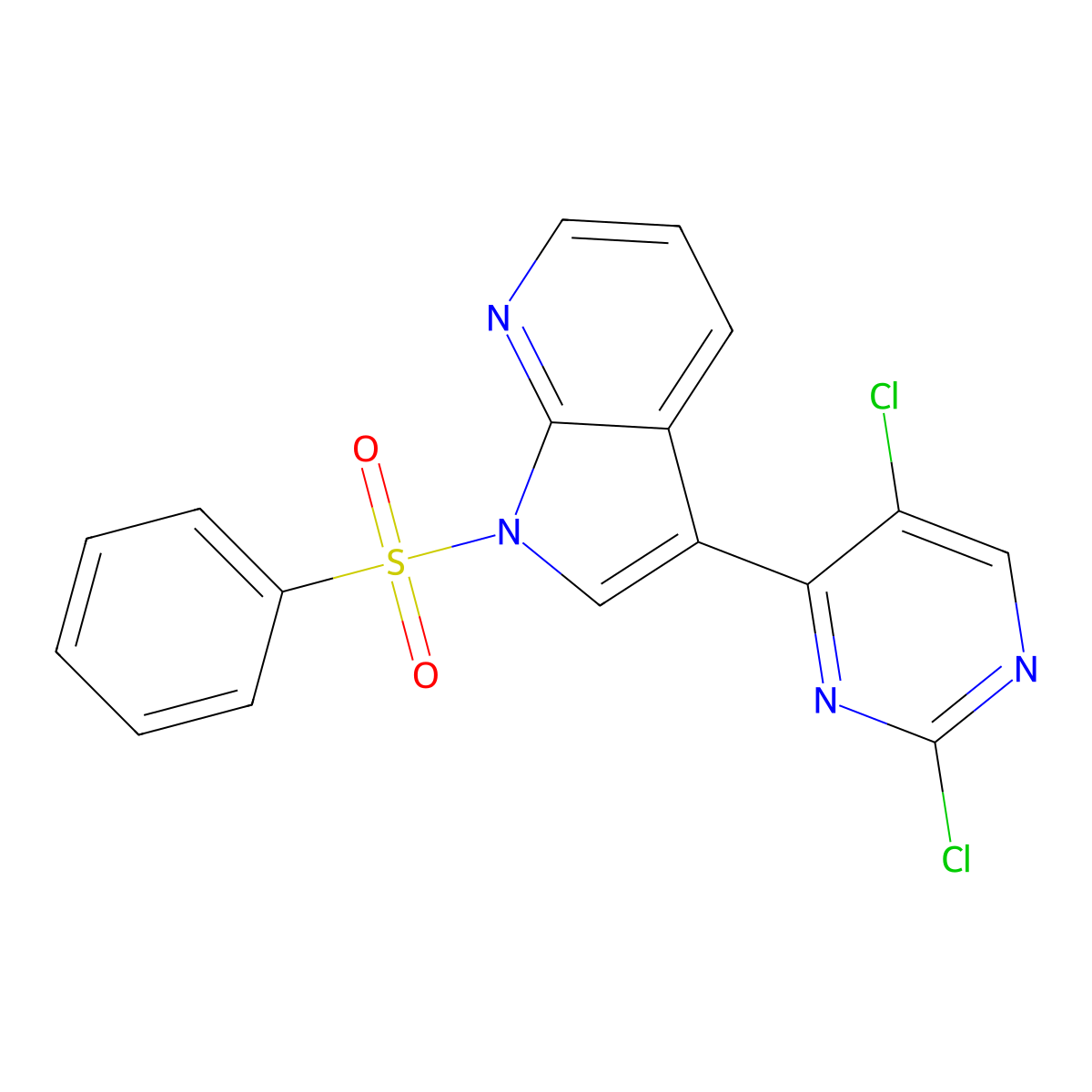 4-(1-(benzenesulfonyl)-1H-pyrrolo[2,3-b]pyridin-3-yl)-2,5-dichloropyrimidine molecular structure, CAS 3027818-85-2