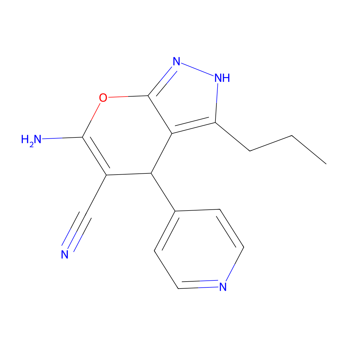 6-Amino-3-propyl-4-(pyridin-4-yl)-1,4-dihydropyrano[2,3-c]pyrazole-5-carbonitrile molecular structure, CAS 302785-75-7