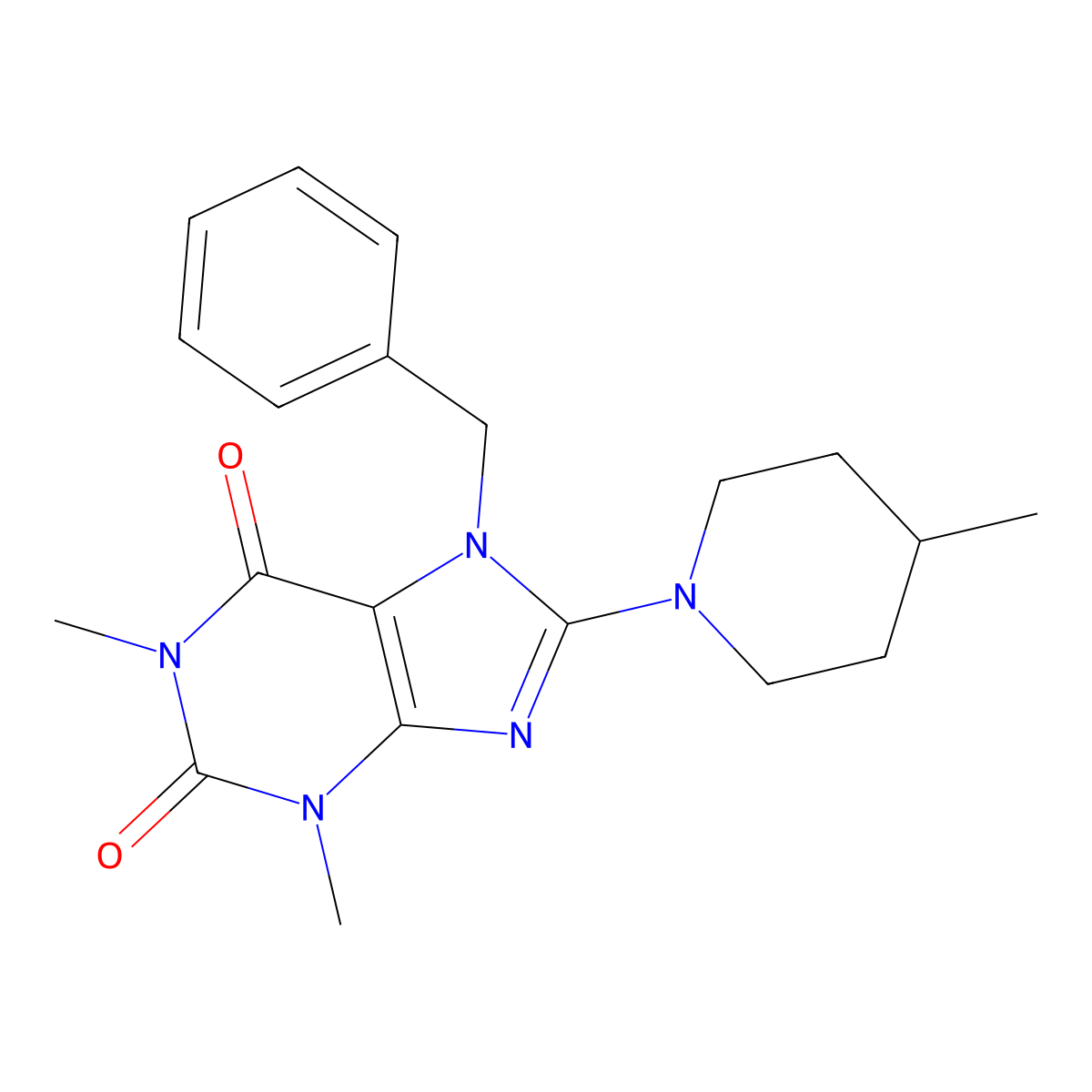 7-Benzyl-1,3-dimethyl-8-(4-methyl-piperidin-1-yl)-3,7-dihydro-purine-2,6-dione molecular structure, CAS 302785-87-1