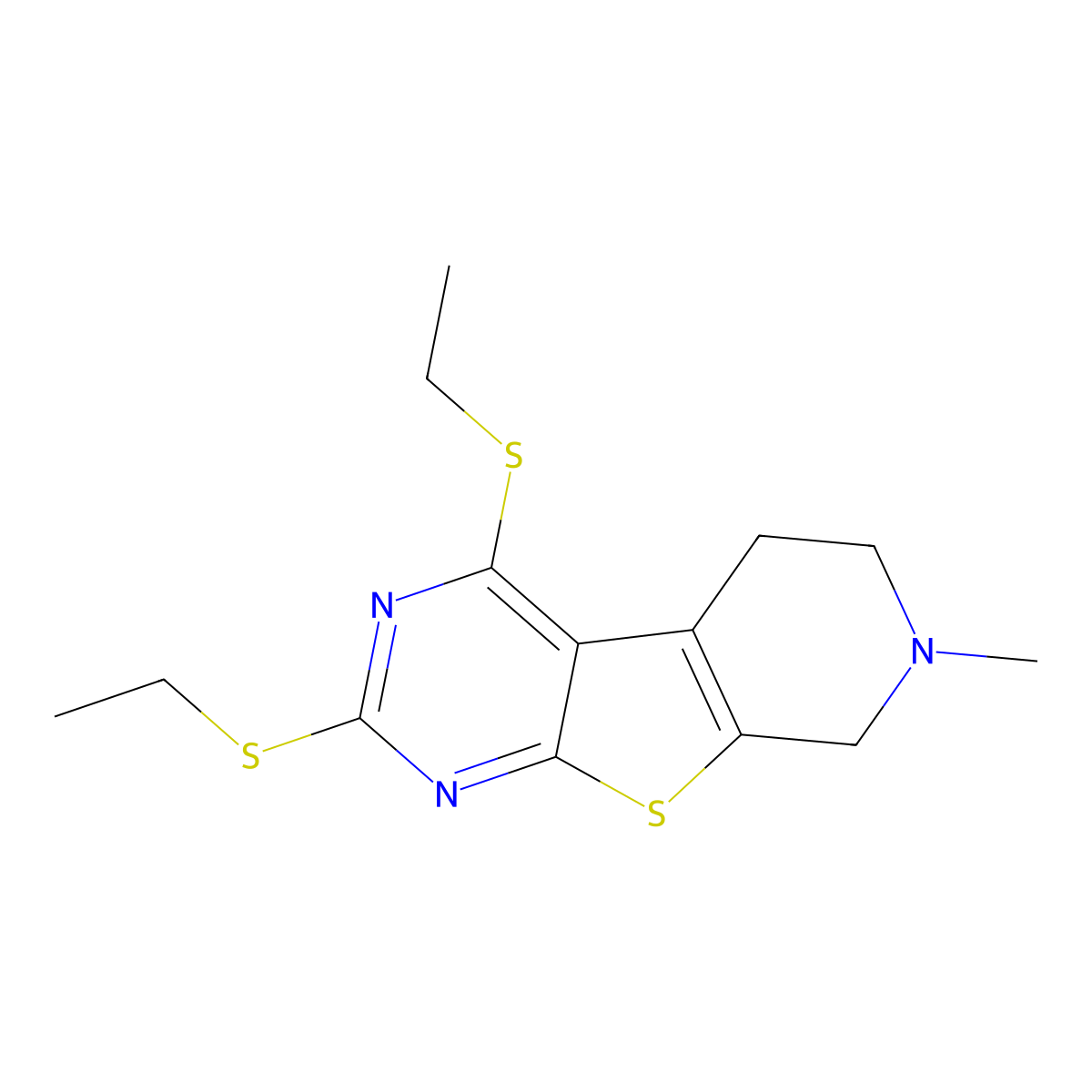 2,4-bis(ethylsulfanyl)-7-methyl-6,8-dihydro-5H-pyrido[2,3]thieno[2,4-b]pyrimidine molecular structure, CAS 302787-65-1