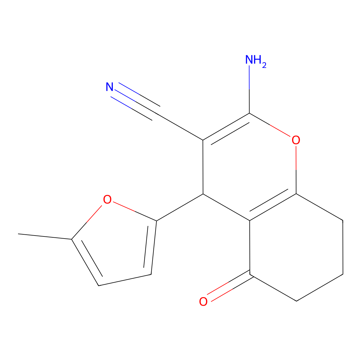 2-amino-4-(5-methylfuran-2-yl)-5-oxo-5,6,7,8-tetrahydro-4H-chromene-3-carbonitrile molecular structure, CAS 302795-42-2