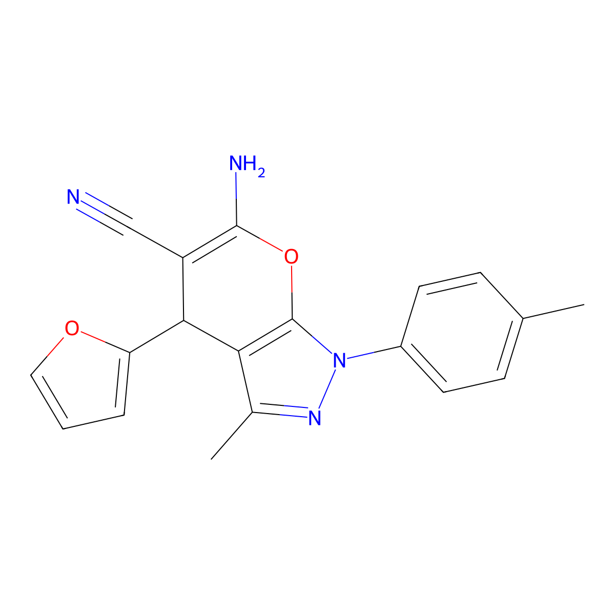 6-amino-4-(furan-2-yl)-3-methyl-1-(4-methylphenyl)-1H,4H-pyrano[2,3-c]pyrazole-5-carbonitrile molecular structure, CAS 302796-51-6